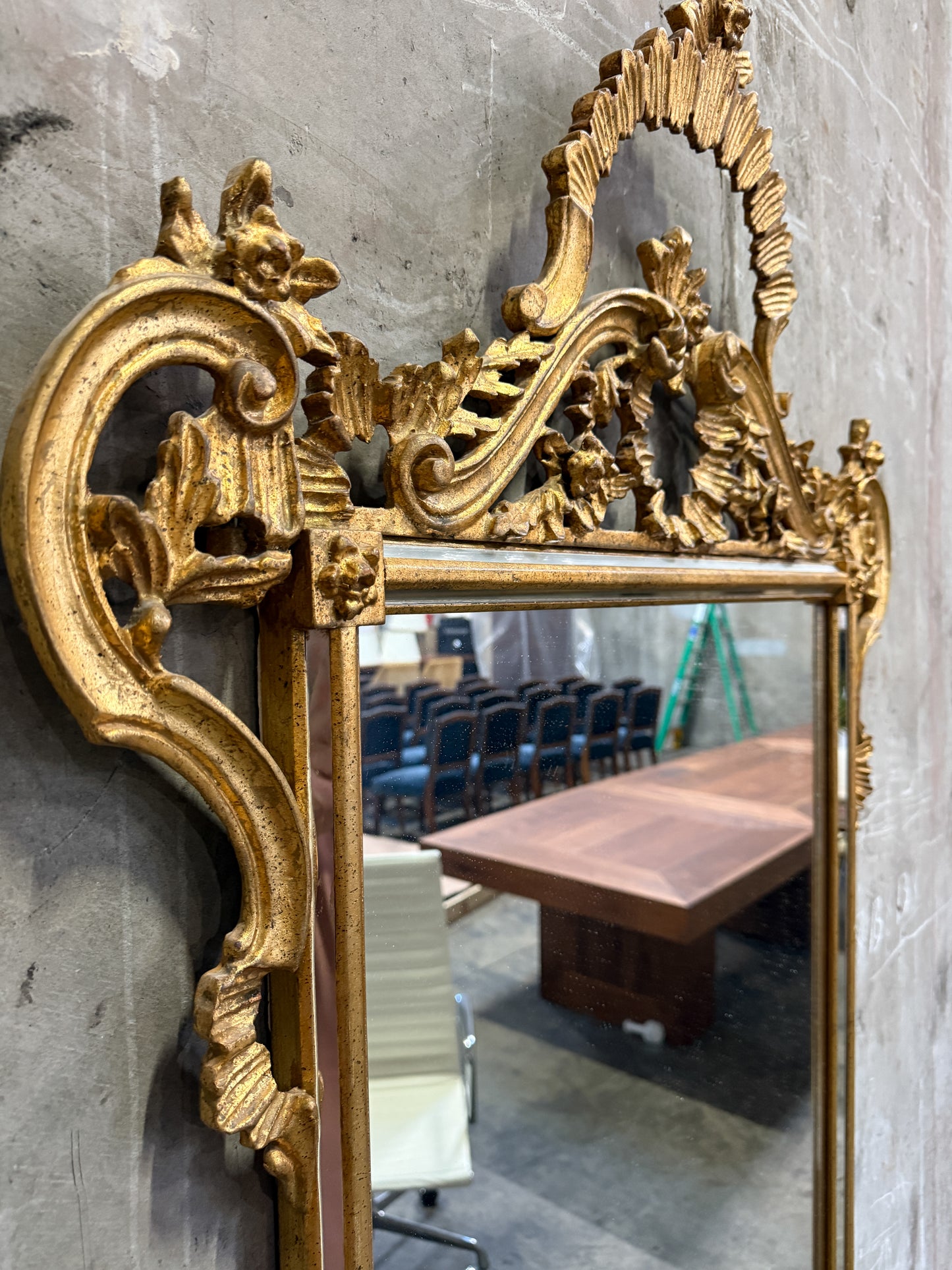 Vintage Italian Rococo Giltwood Wall Mirror, 1950s–70s – Ornate Carved Gold Leaf Frame, 35.5"W x 58"H