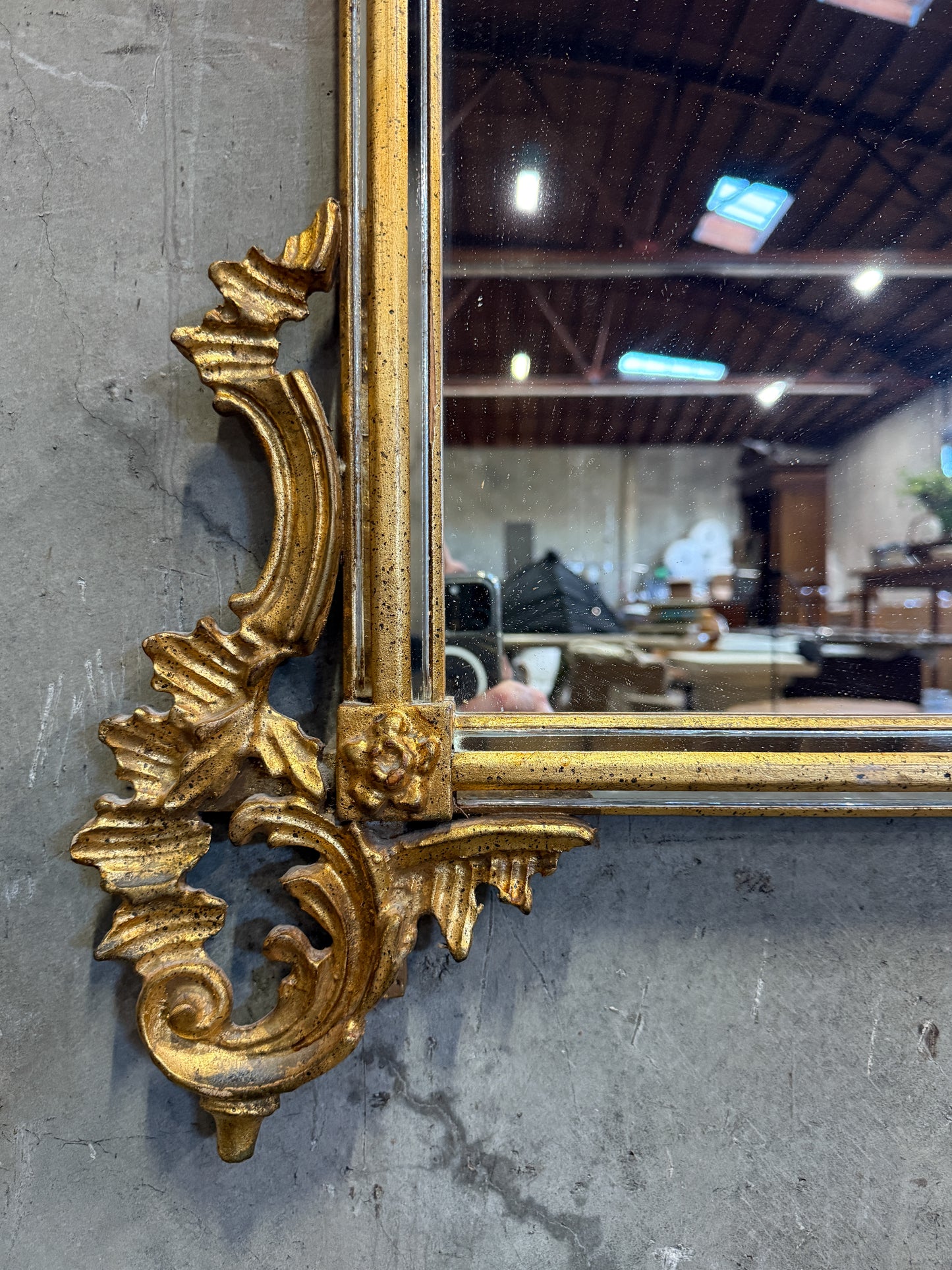 Vintage Italian Rococo Giltwood Wall Mirror, 1950s–70s – Ornate Carved Gold Leaf Frame, 35.5"W x 58"H