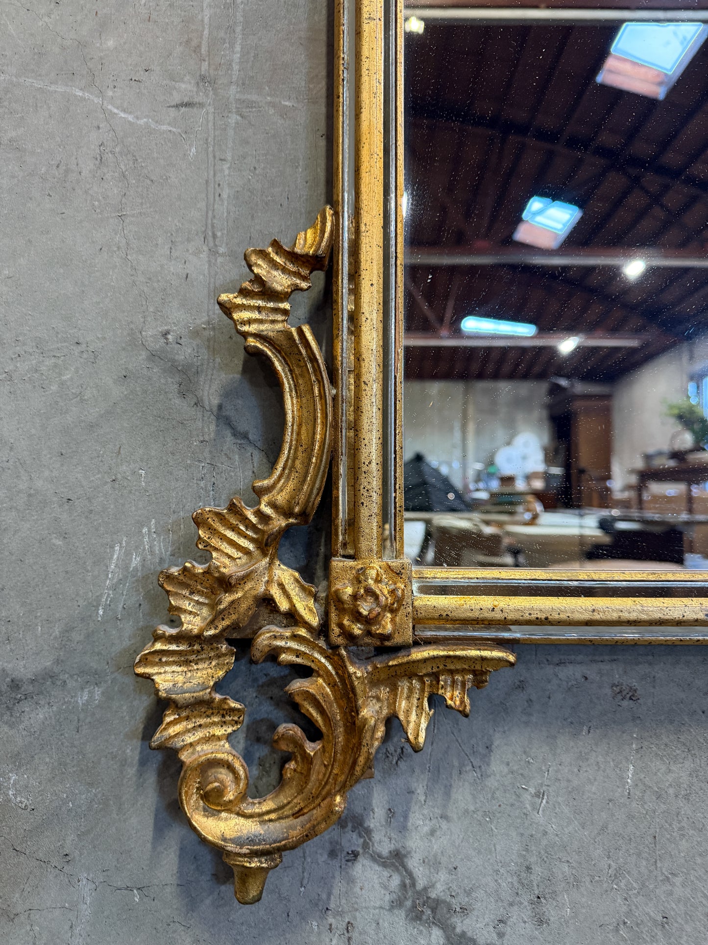Vintage Italian Rococo Giltwood Wall Mirror, 1950s–70s – Ornate Carved Gold Leaf Frame, 35.5"W x 58"H