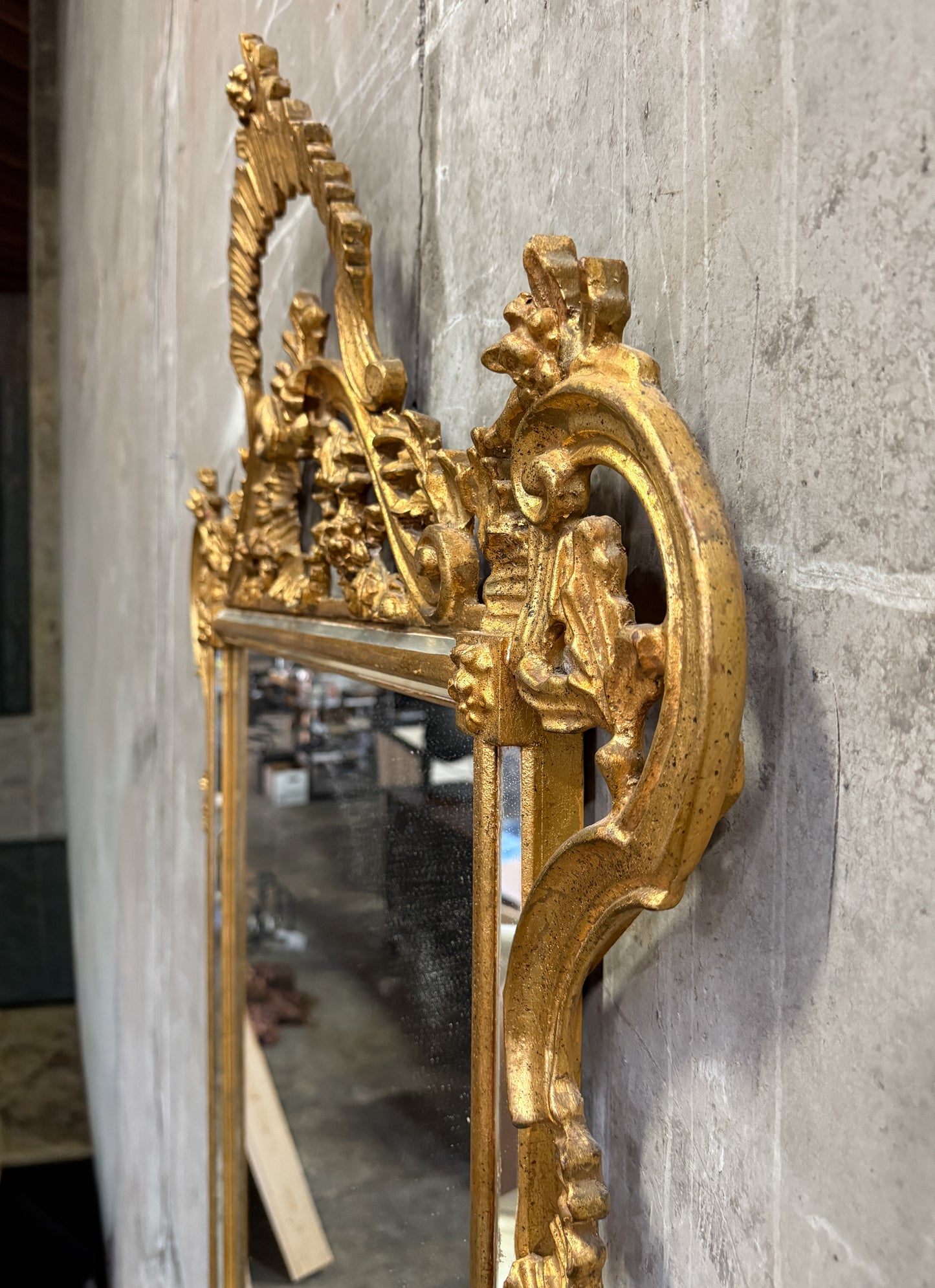 Vintage Italian Rococo Giltwood Wall Mirror, 1950s–70s – Ornate Carved Gold Leaf Frame, 35.5"W x 58"H