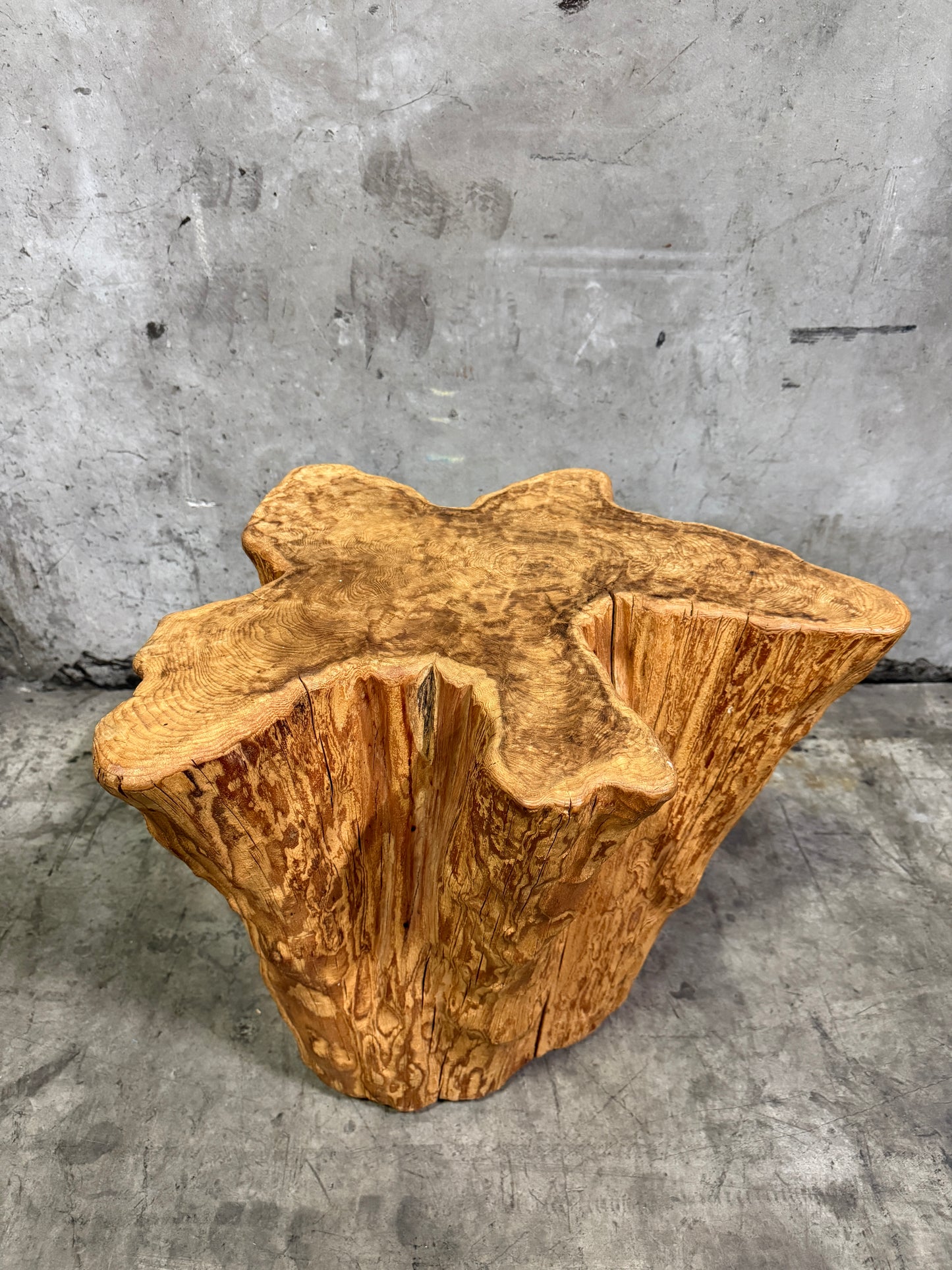 Mid-Century Natural Burlwood Tree Trunk End Table, 1960s–70s Organic Modern Accent Table 23” × 20” × 20” H