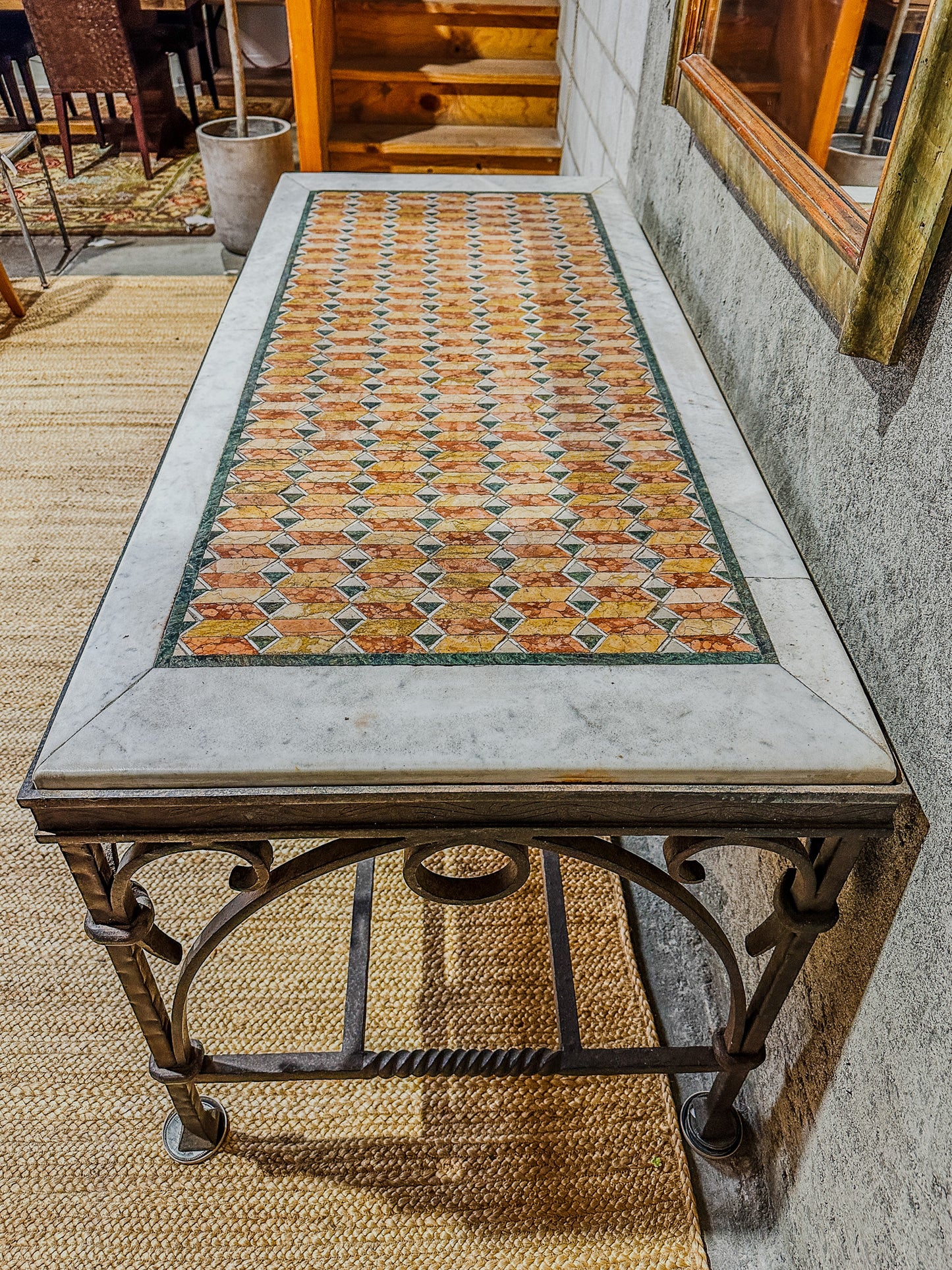 Antique Italian Console Table - Inlaid Mosaic Marble Top, Wrought Iron Base