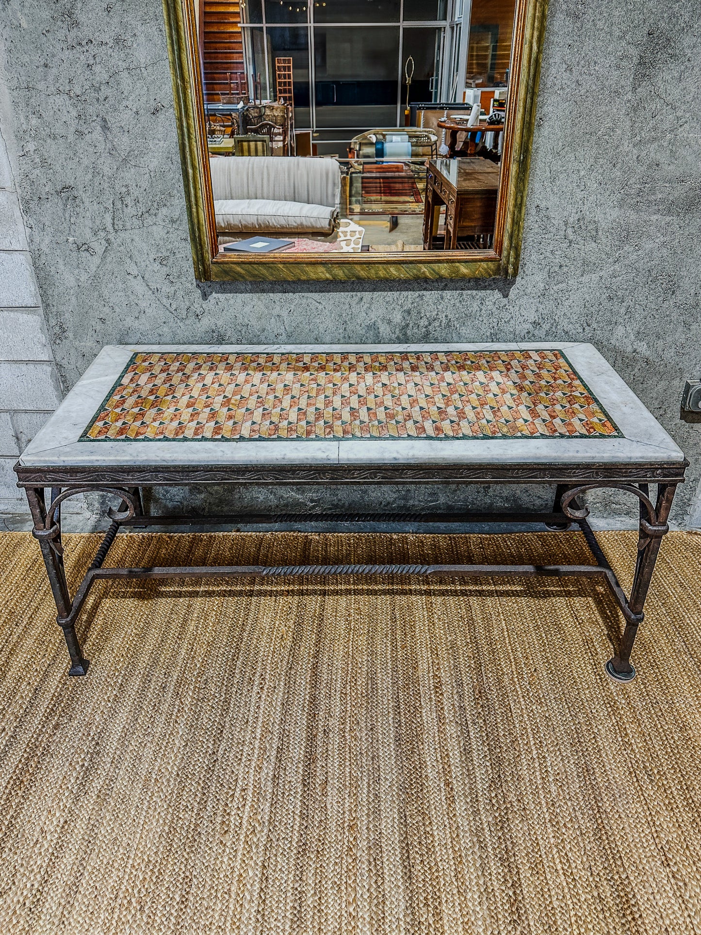 Antique Italian Console Table - Inlaid Mosaic Marble Top, Wrought Iron Base