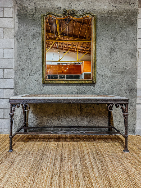 Antique Italian Console Table - Inlaid Mosaic Marble Top, Wrought Iron Base