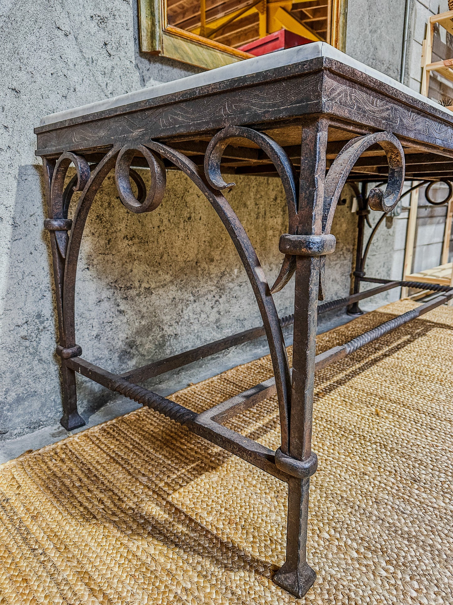 Antique Italian Console Table - Inlaid Mosaic Marble Top, Wrought Iron Base