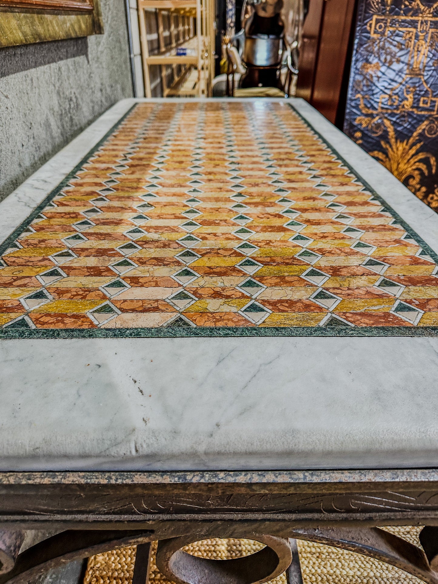 Antique Italian Console Table - Inlaid Mosaic Marble Top, Wrought Iron Base