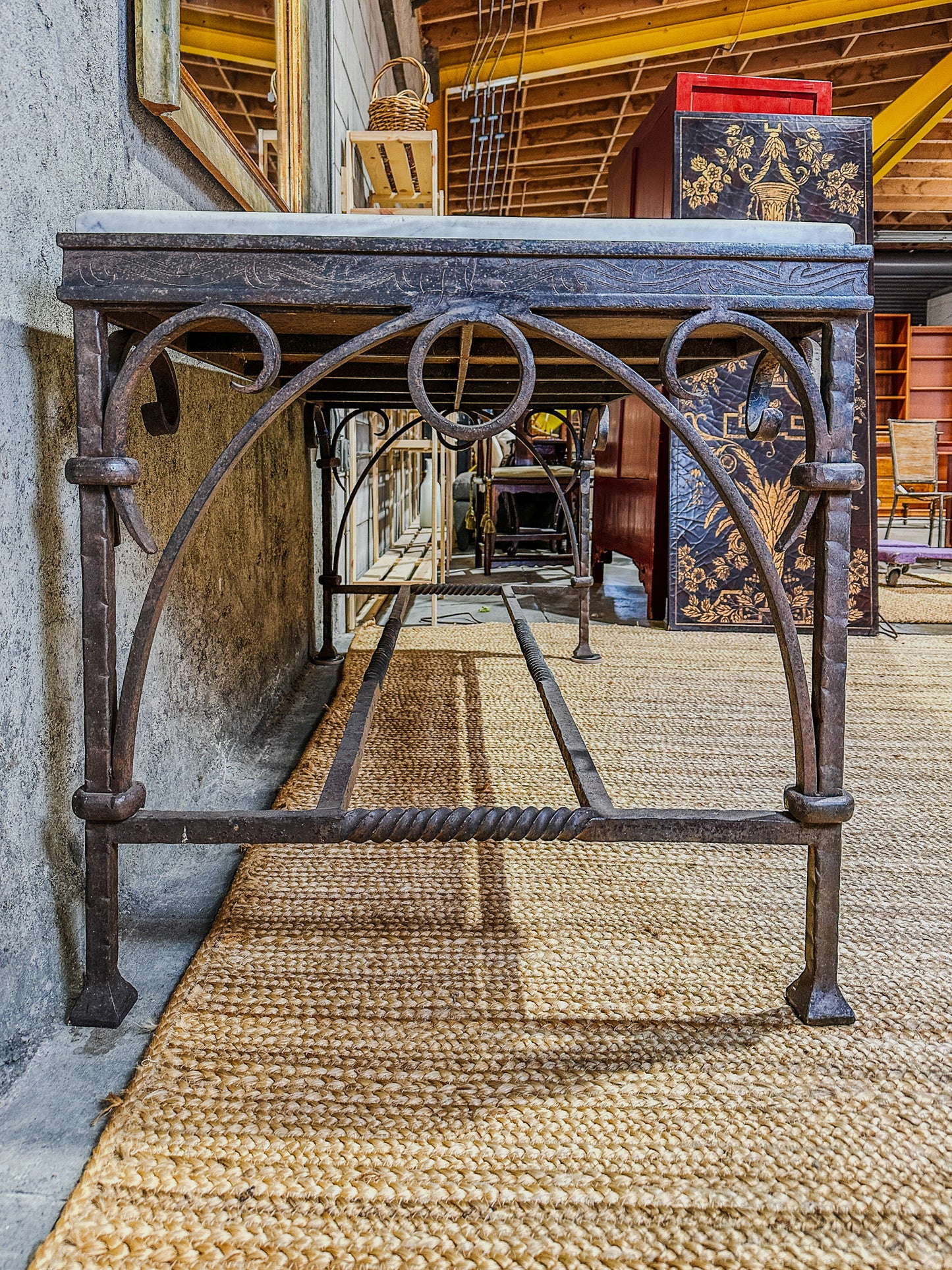 Antique Italian Console Table - Inlaid Mosaic Marble Top, Wrought Iron Base
