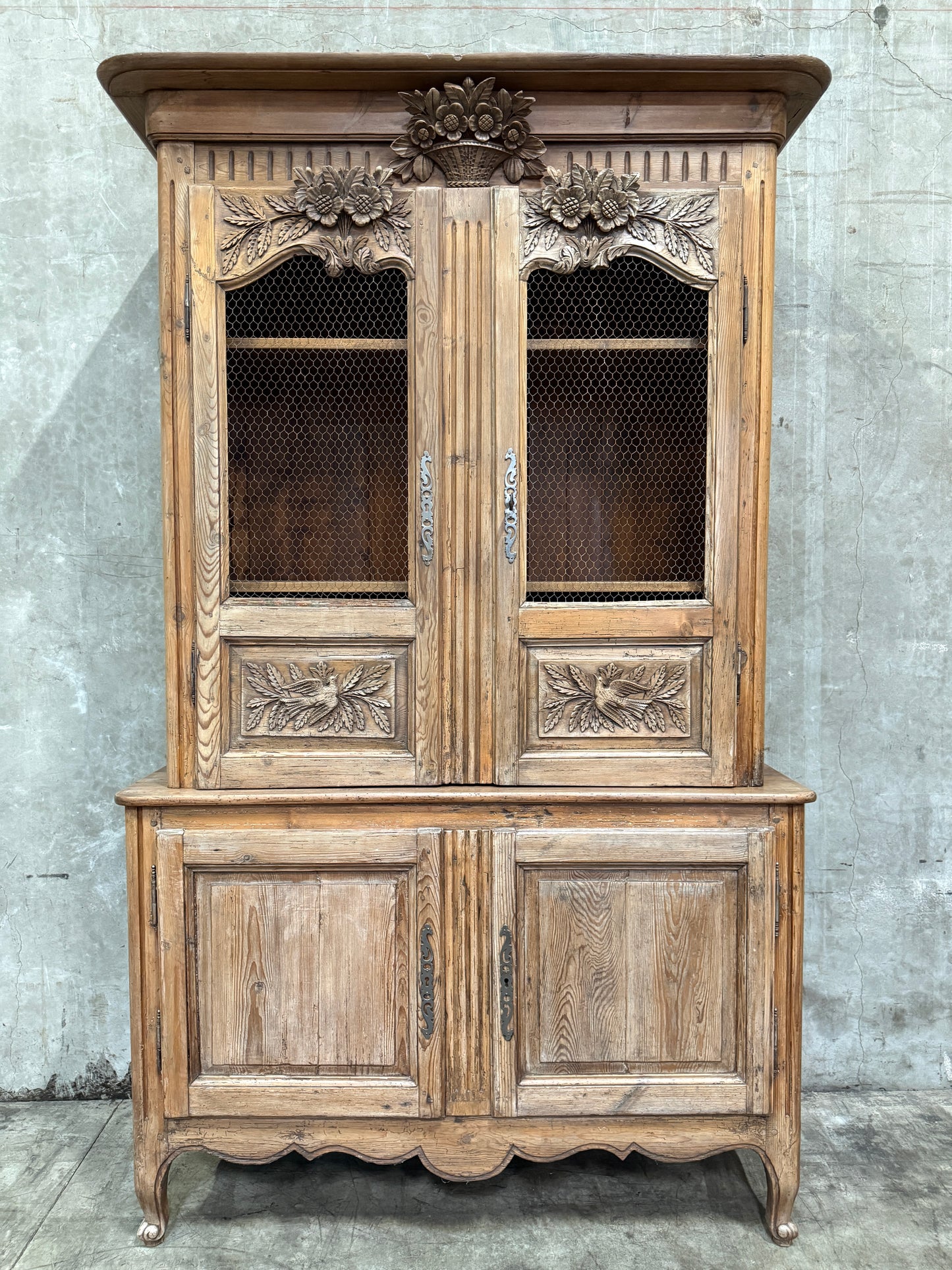Antique 19th Century French Carved Pine Buffet Deux-Corps with Floral and Bird Motifs