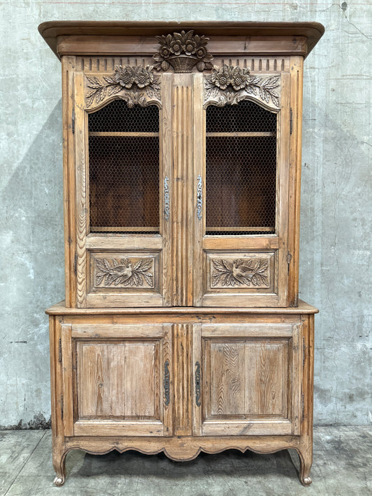 Antique 19th Century French Carved Pine Buffet Deux-Corps with Floral and Bird Motifs