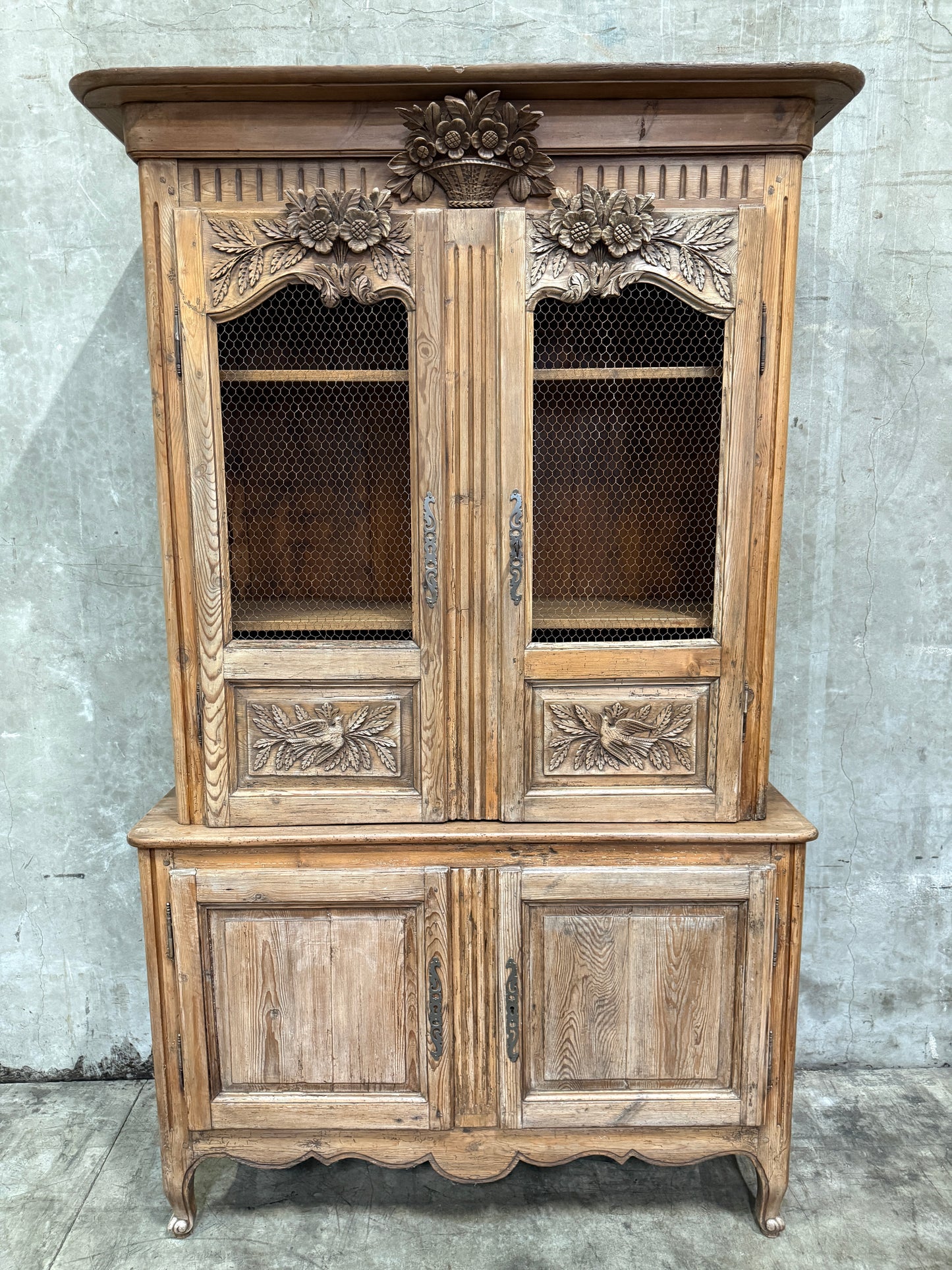 Antique 19th Century French Carved Pine Buffet Deux-Corps with Floral and Bird Motifs