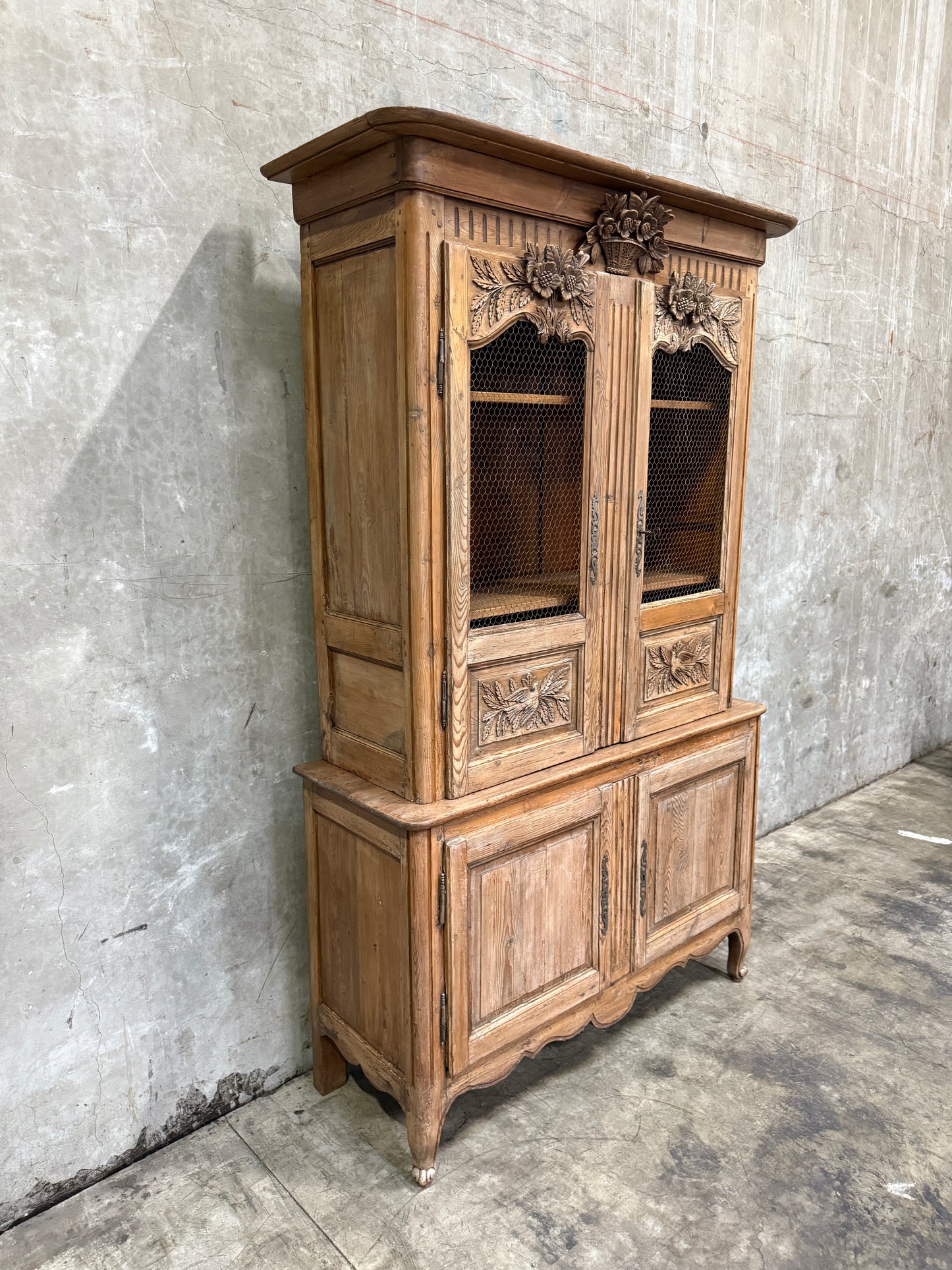 Antique 19th Century French Carved Pine Buffet Deux-Corps with Floral and Bird Motifs