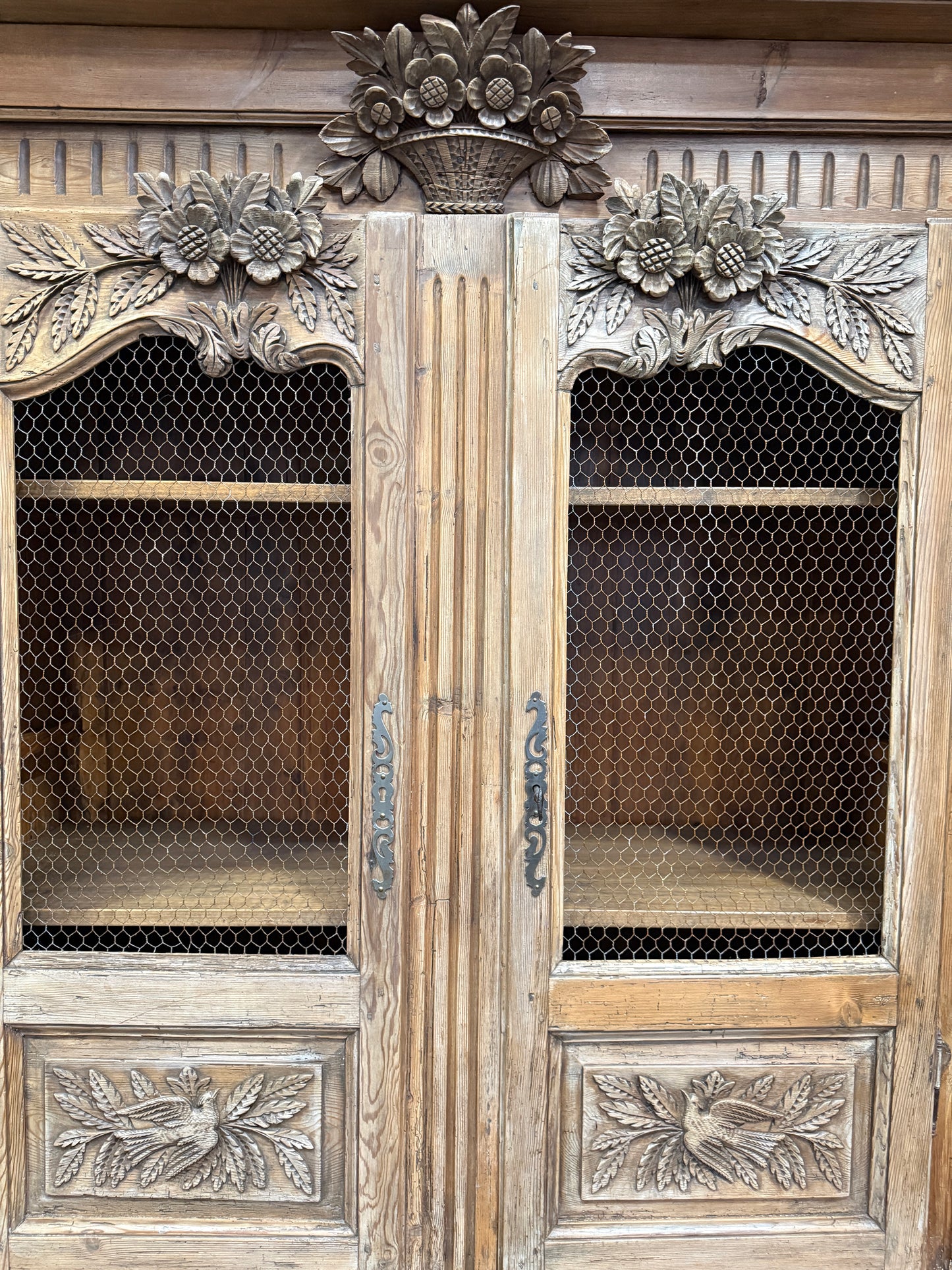 Antique 19th Century French Carved Pine Buffet Deux-Corps with Floral and Bird Motifs