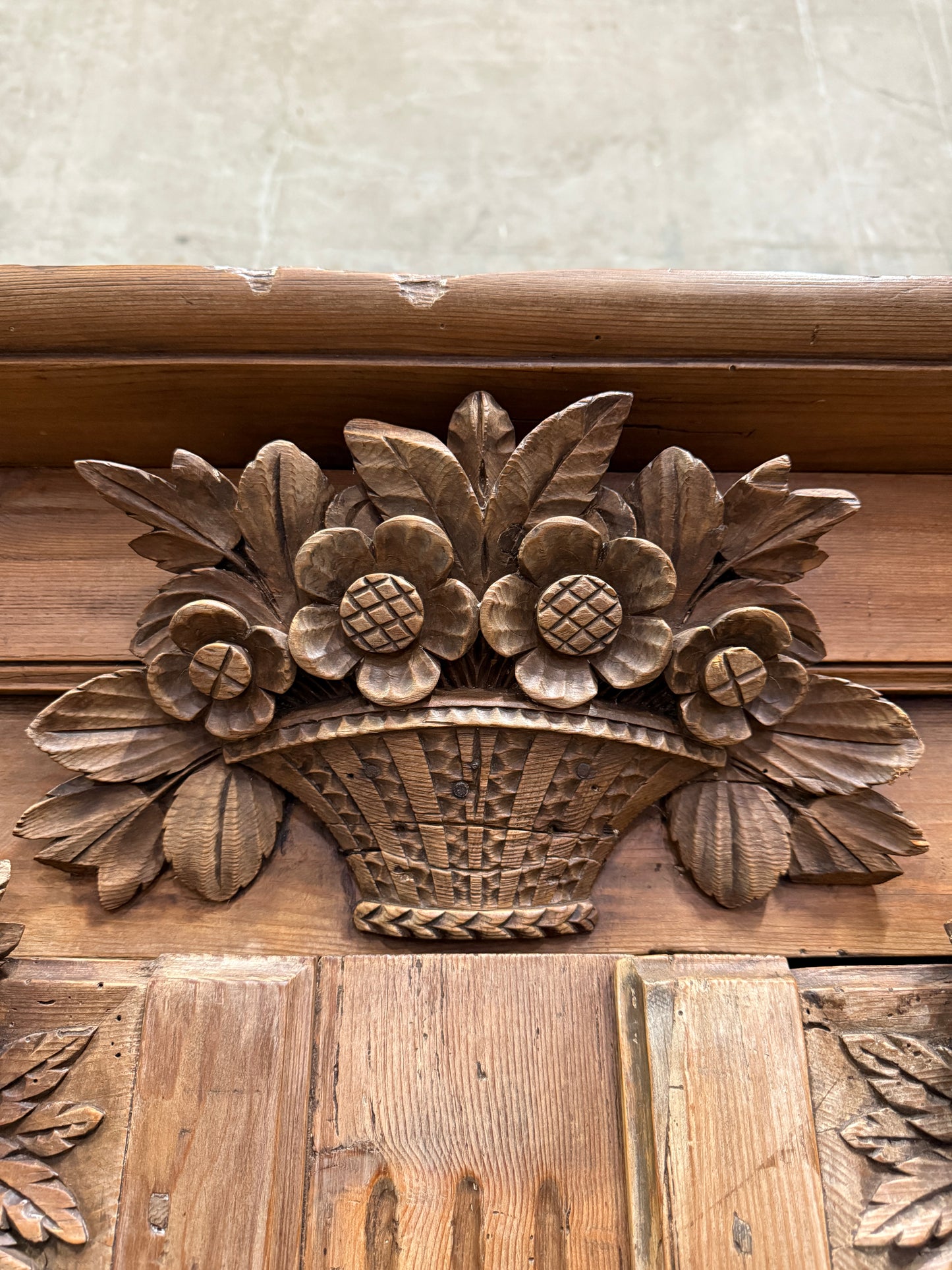 Antique 19th Century French Carved Pine Buffet Deux-Corps with Floral and Bird Motifs
