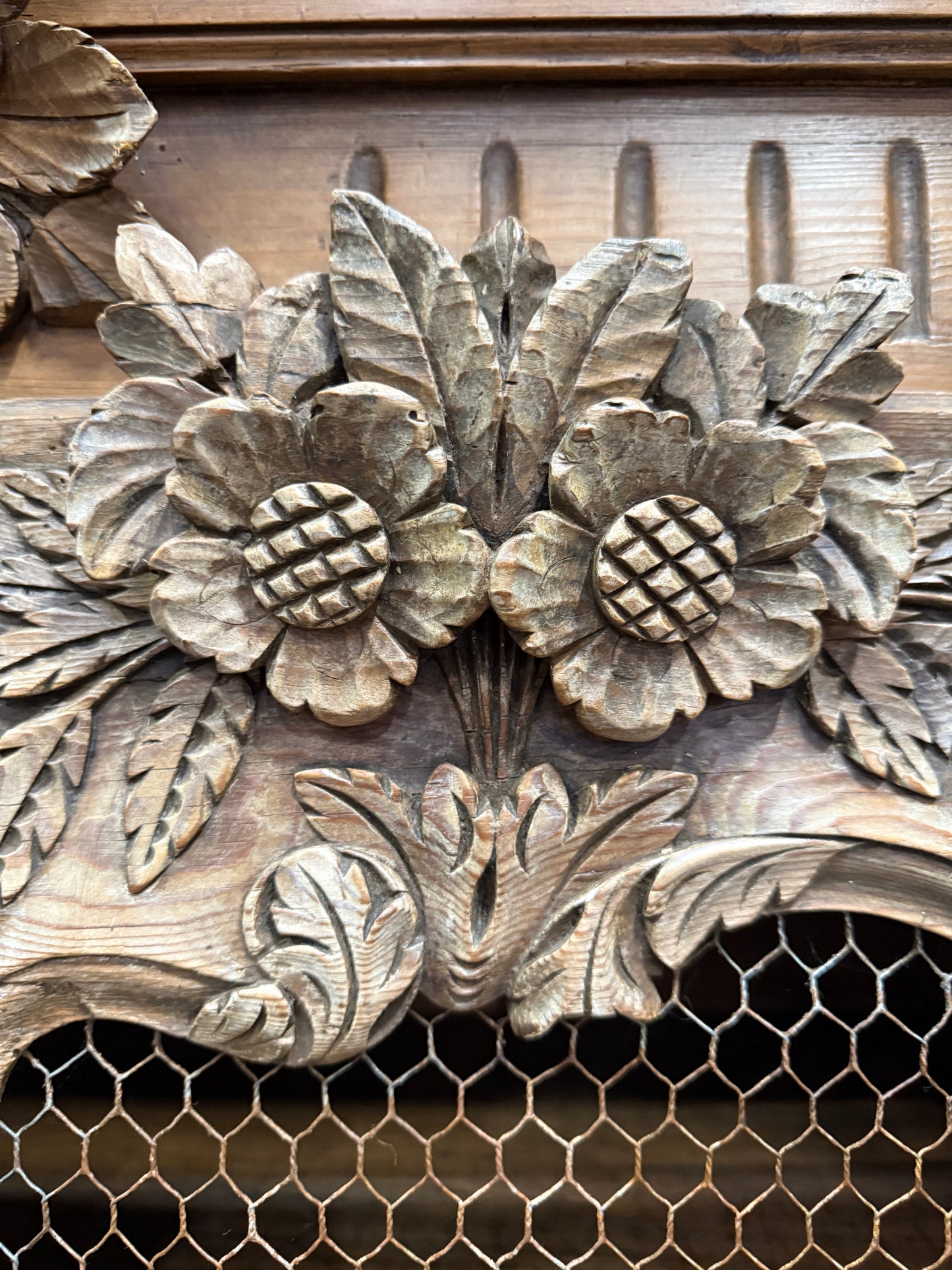 Antique 19th Century French Carved Pine Buffet Deux-Corps with Floral and Bird Motifs