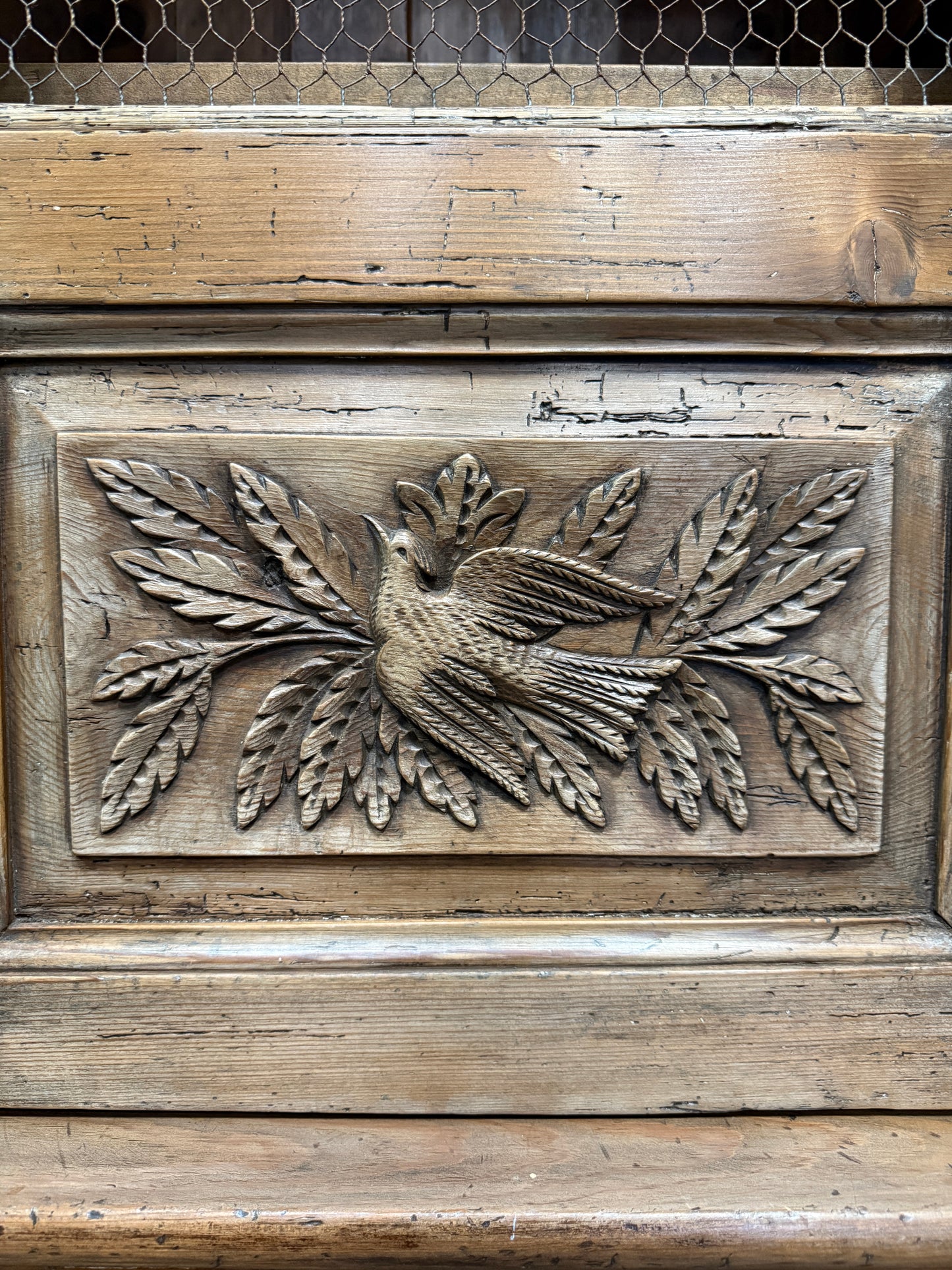 Antique 19th Century French Carved Pine Buffet Deux-Corps with Floral and Bird Motifs