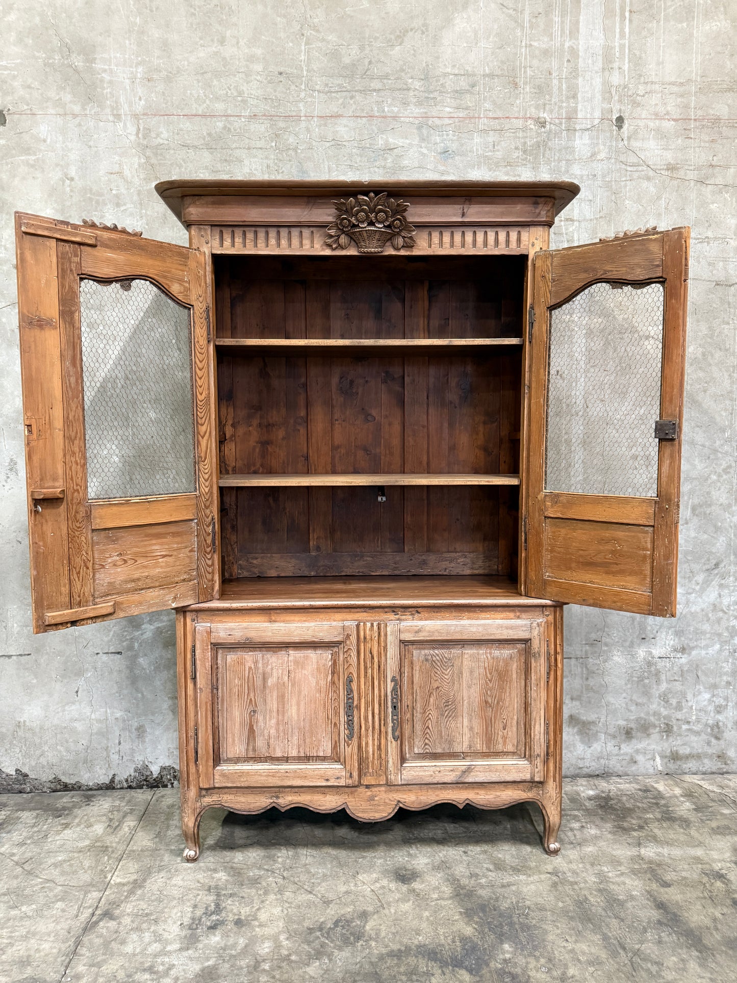 Antique 19th Century French Carved Pine Buffet Deux-Corps with Floral and Bird Motifs
