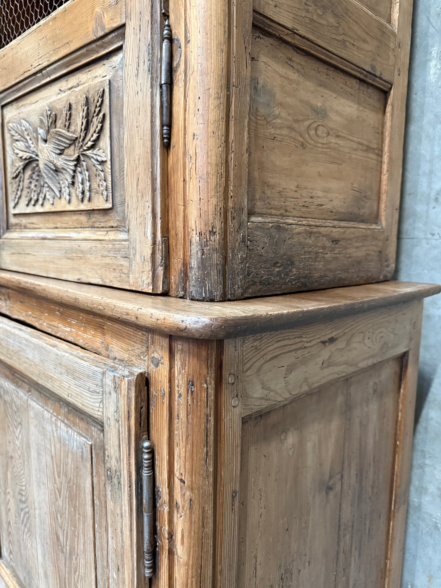 Antique 19th Century French Carved Pine Buffet Deux-Corps with Floral and Bird Motifs