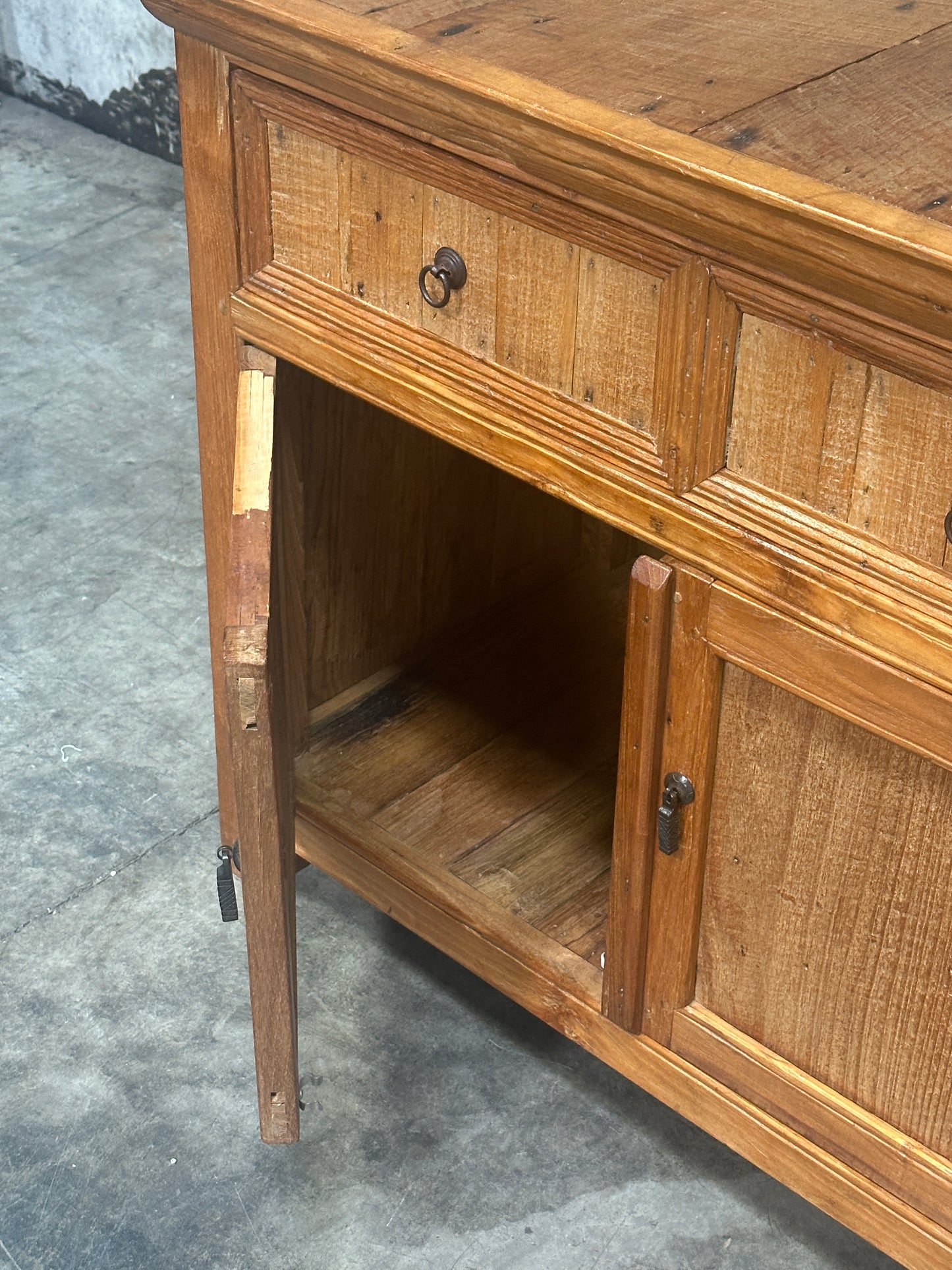 Antique Indonesian Dutch Colonial Teak Cabinet, Two-Drawer Two-Door, Iron Pulls