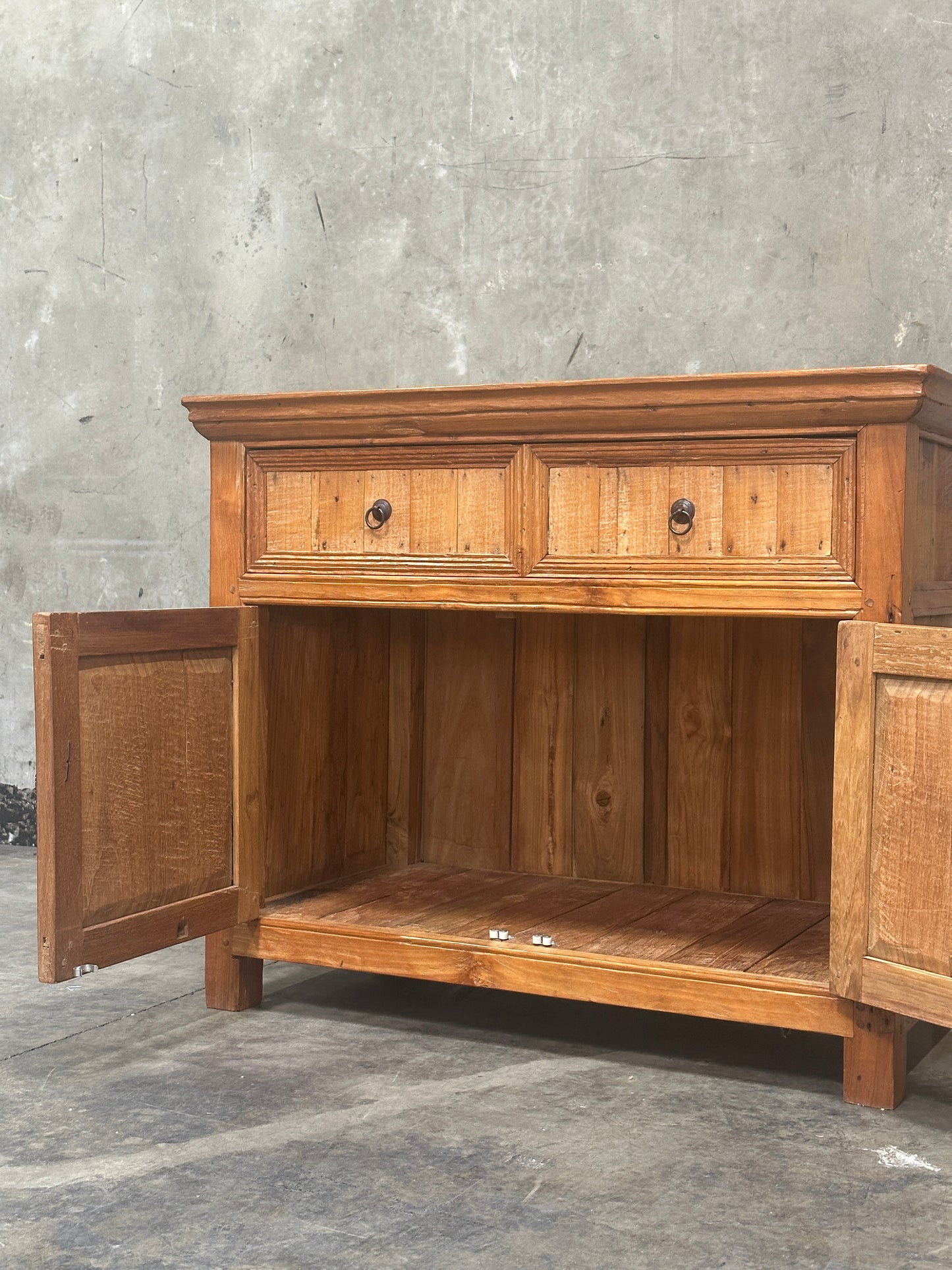 Antique Indonesian Dutch Colonial Teak Cabinet, Two-Drawer Two-Door, Iron Pulls