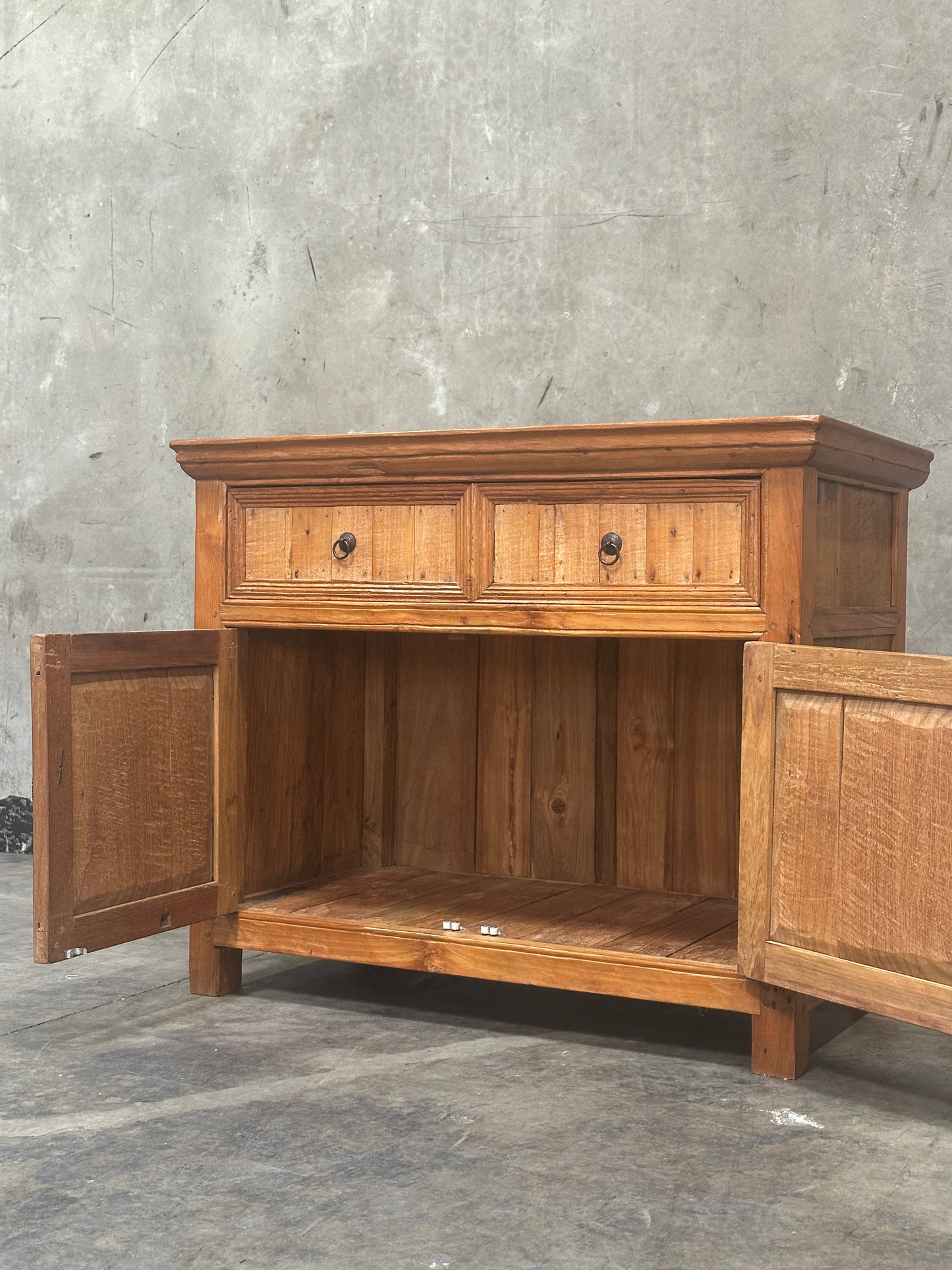 Antique Indonesian Dutch Colonial Teak Cabinet, Two-Drawer Two-Door, Iron Pulls