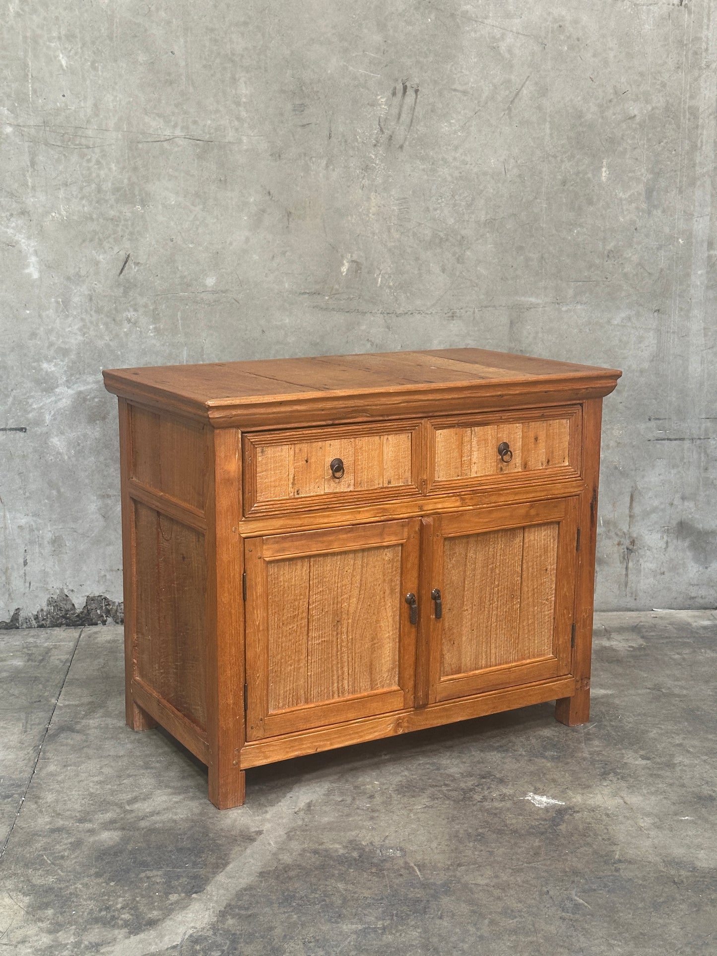 Antique Indonesian Dutch Colonial Teak Cabinet, Two-Drawer Two-Door, Iron Pulls