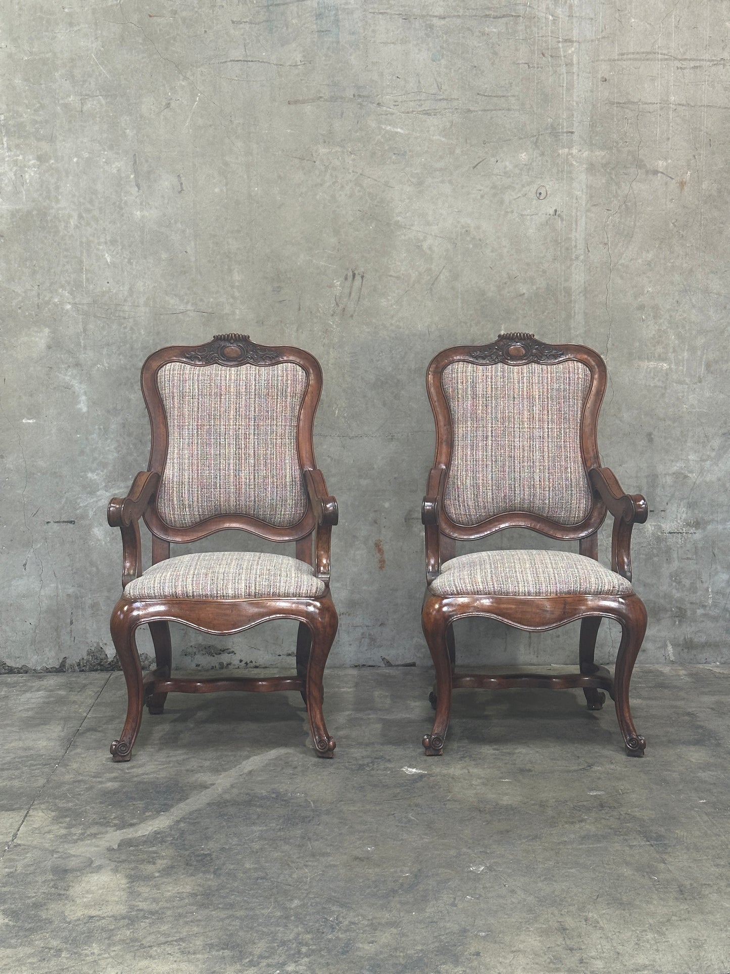 Pair Antique Oversized French Louis Philippe / Napoleon III Walnut Salon Fauteuils, Cartouche-Back, 49 Inch H