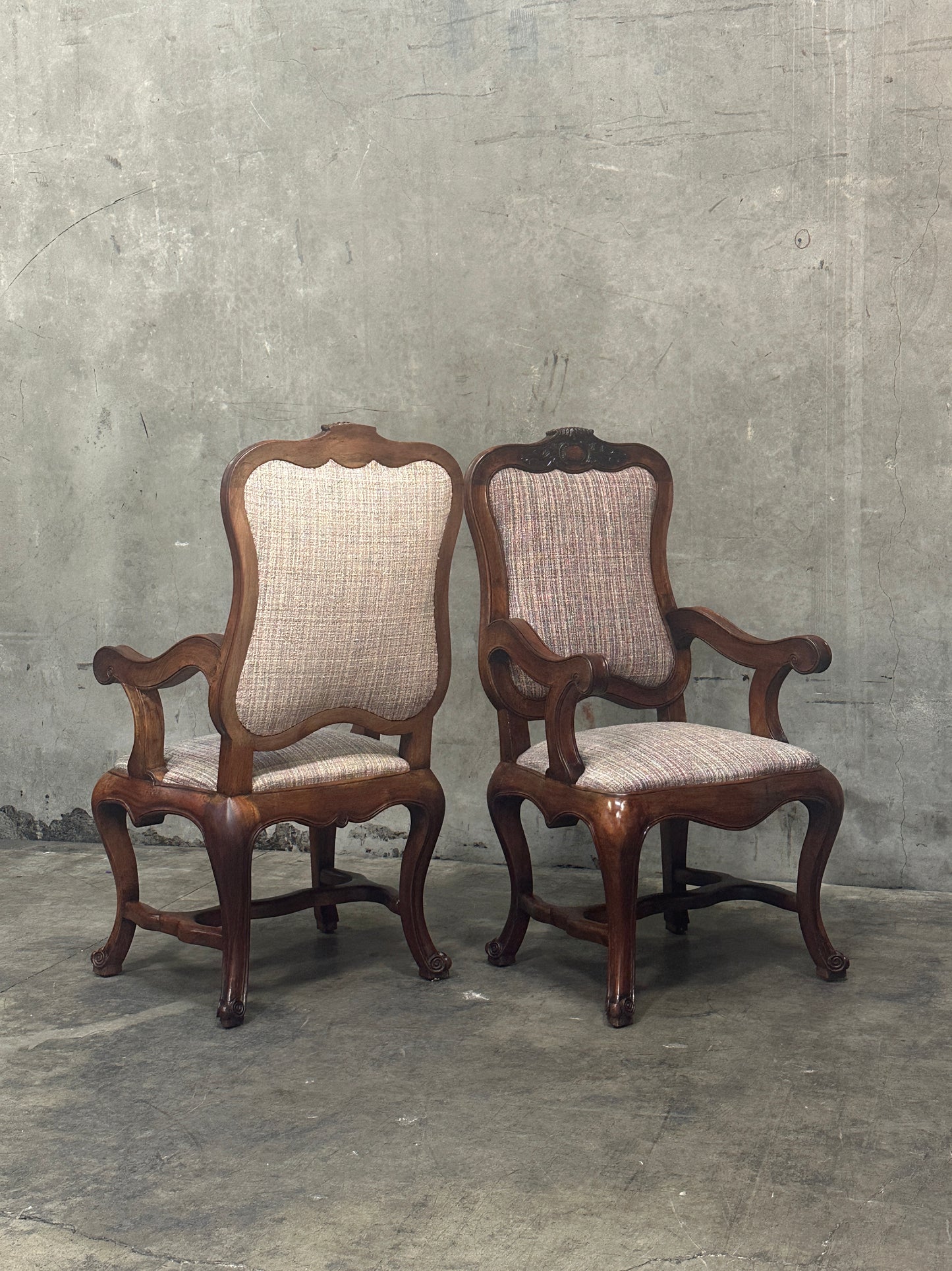Pair Antique Oversized French Louis Philippe / Napoleon III Walnut Salon Fauteuils, Cartouche-Back, 49 Inch H