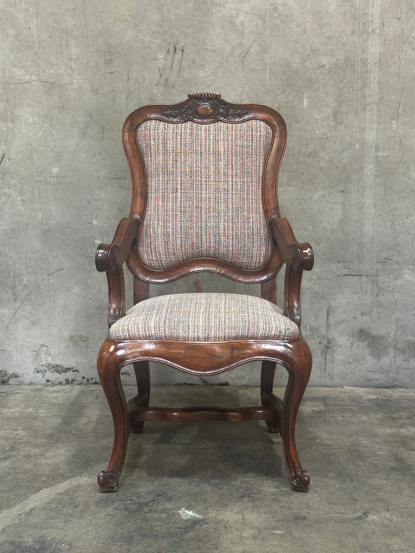 Pair Antique Oversized French Louis Philippe / Napoleon III Walnut Salon Fauteuils, Cartouche-Back, 49 Inch H