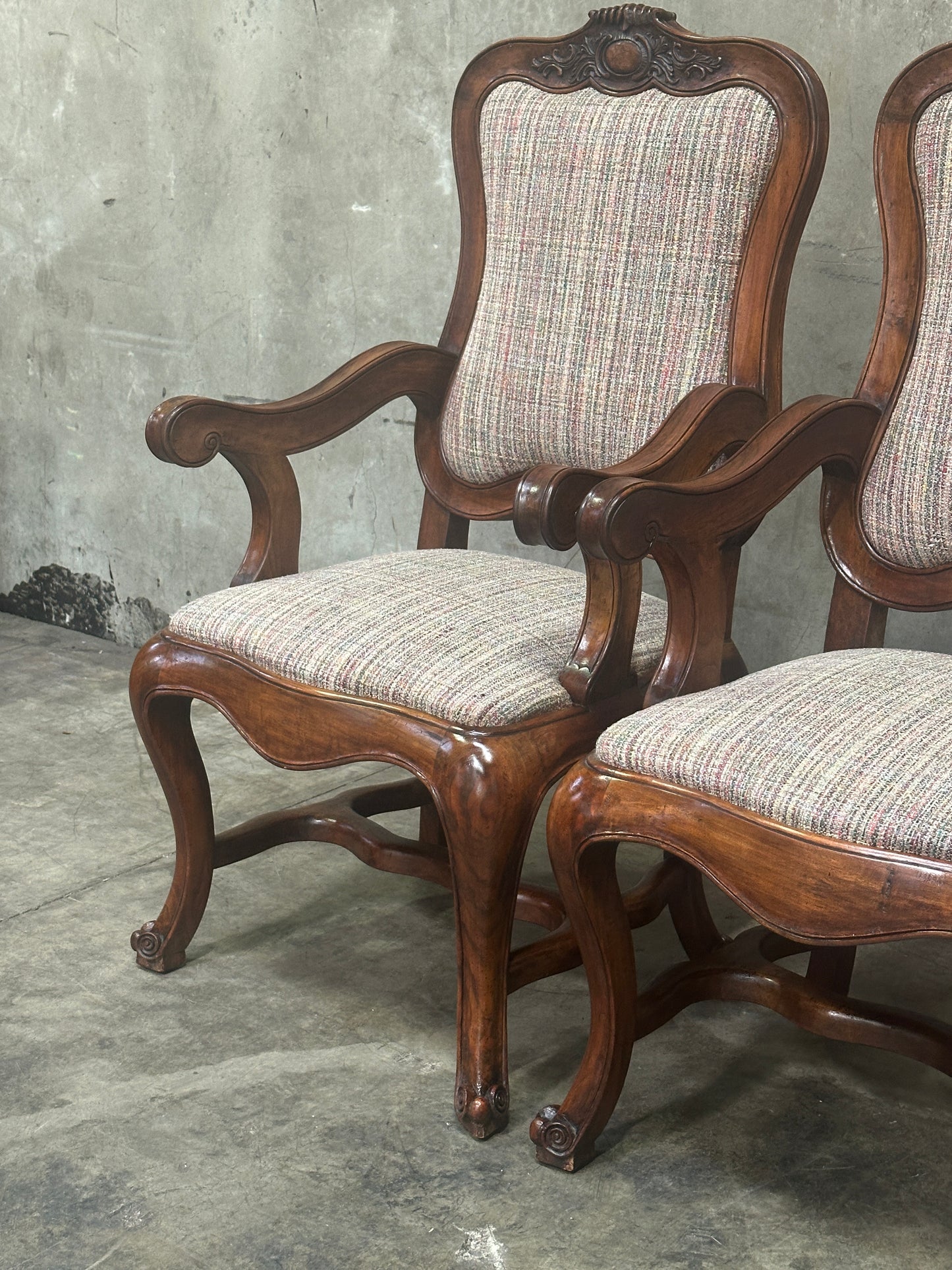 Pair Antique Oversized French Louis Philippe / Napoleon III Walnut Salon Fauteuils, Cartouche-Back, 49 Inch H