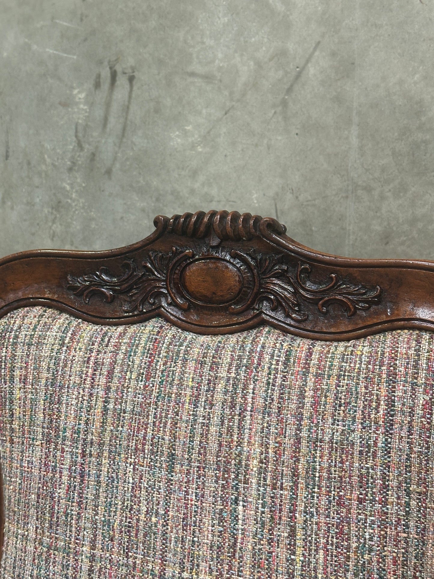 Pair Antique Oversized French Louis Philippe / Napoleon III Walnut Salon Fauteuils, Cartouche-Back, 49 Inch H
