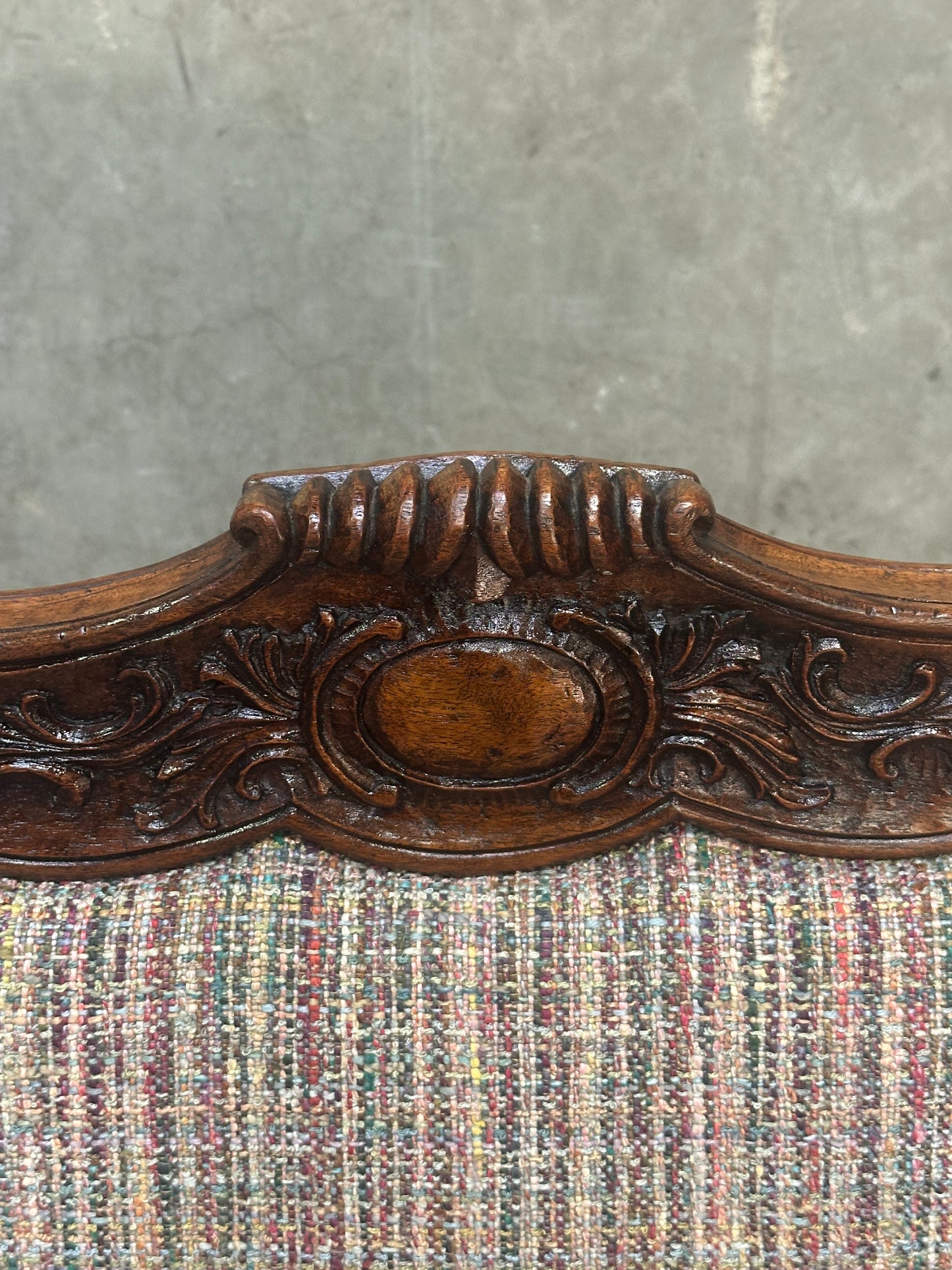 Pair Antique Oversized French Louis Philippe / Napoleon III Walnut Salon Fauteuils, Cartouche-Back, 49 Inch H