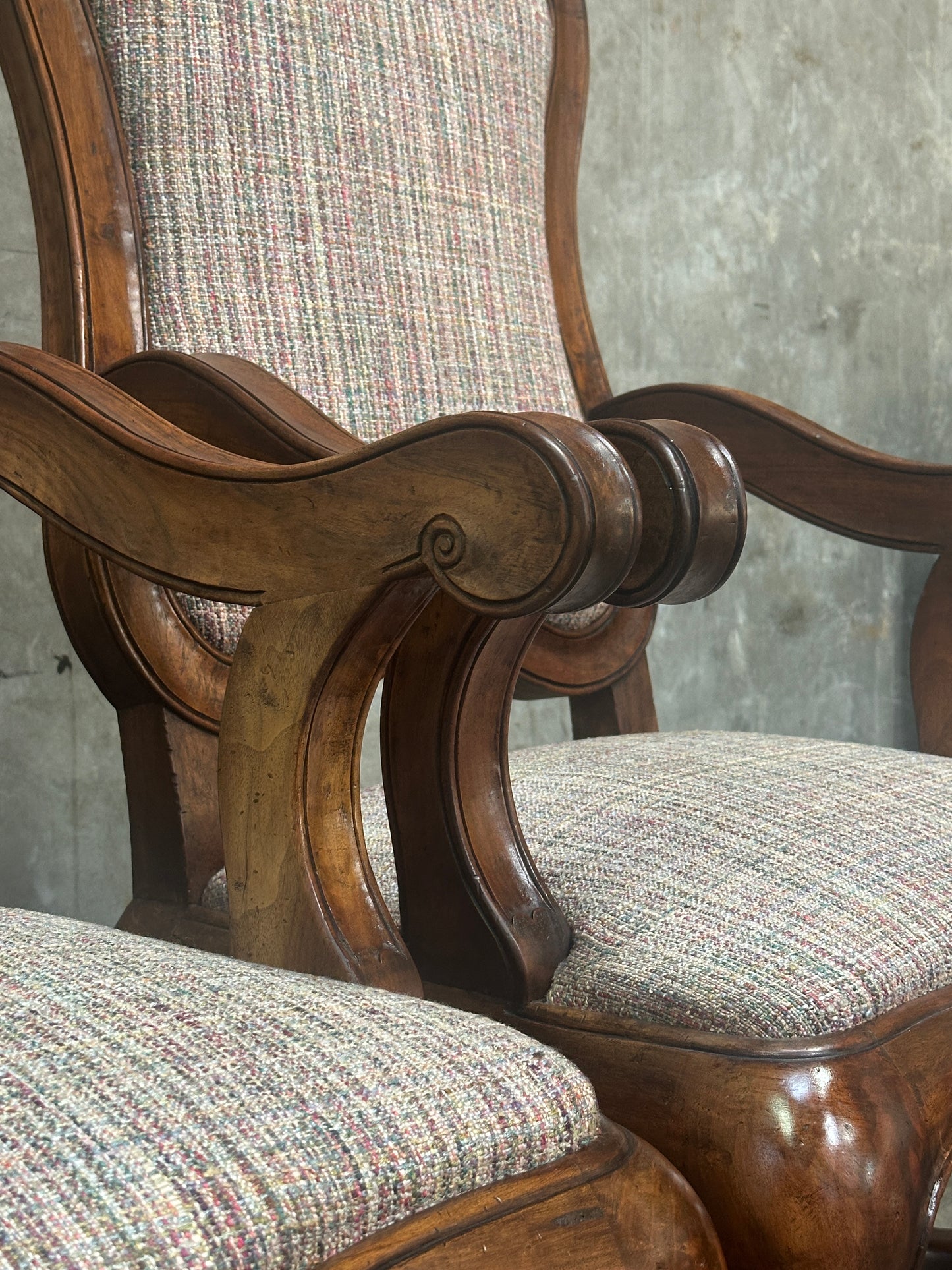 Pair Antique Oversized French Louis Philippe / Napoleon III Walnut Salon Fauteuils, Cartouche-Back, 49 Inch H
