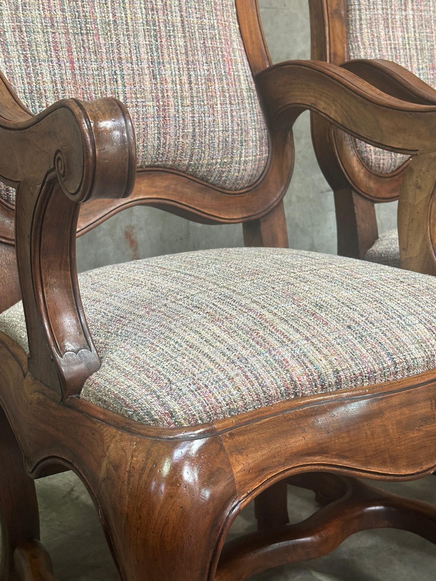 Pair Antique Oversized French Louis Philippe / Napoleon III Walnut Salon Fauteuils, Cartouche-Back, 49 Inch H