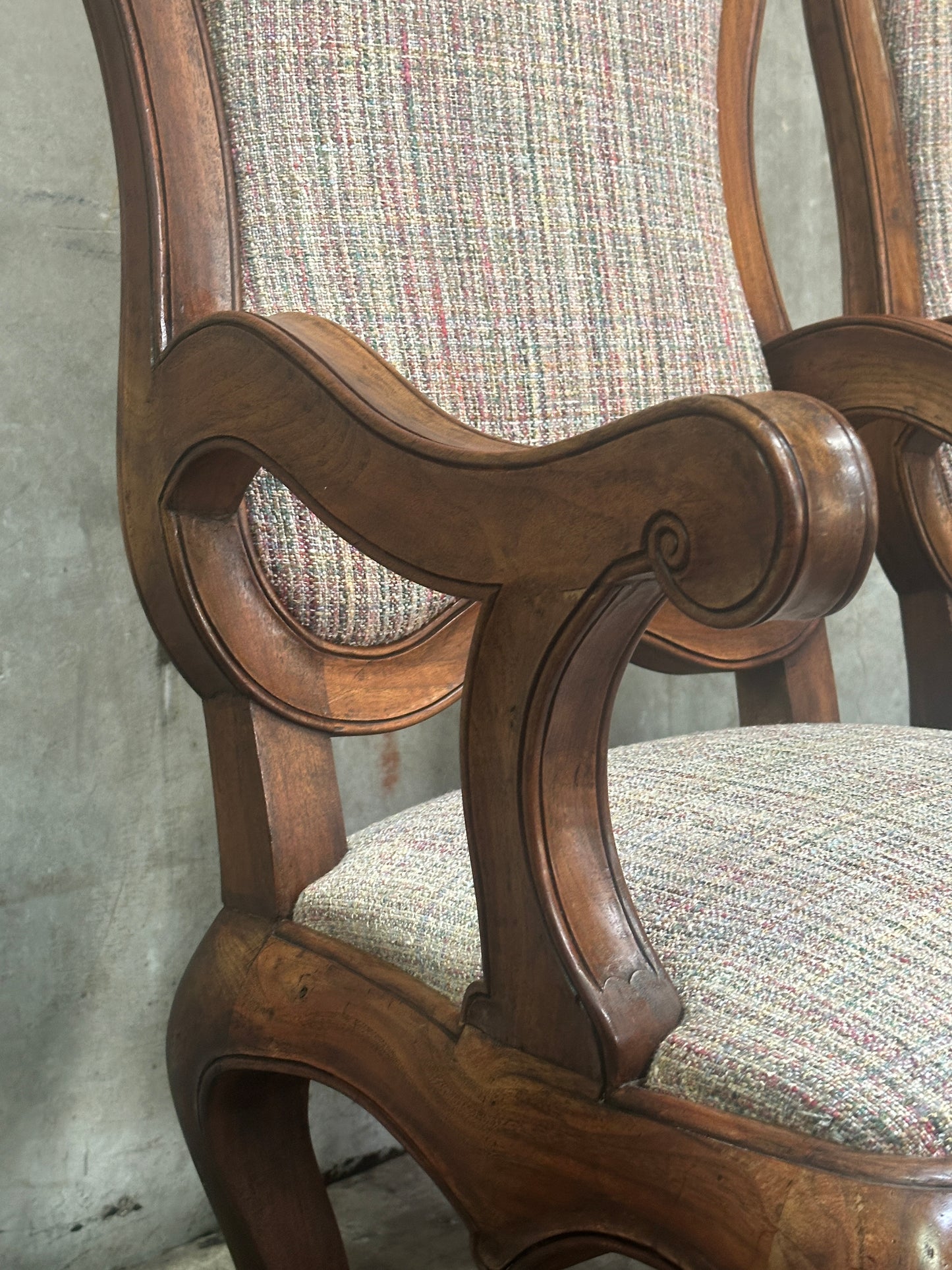 Pair Antique Oversized French Louis Philippe / Napoleon III Walnut Salon Fauteuils, Cartouche-Back, 49 Inch H