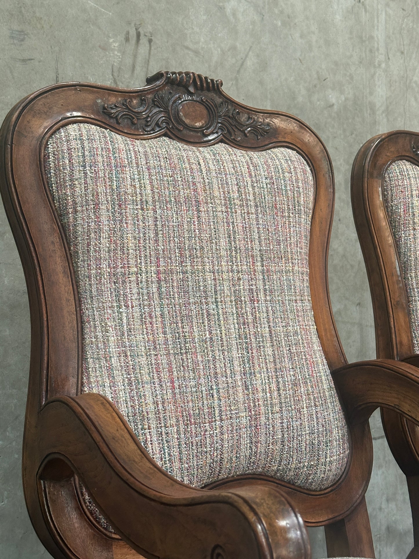 Pair Antique Oversized French Louis Philippe / Napoleon III Walnut Salon Fauteuils, Cartouche-Back, 49 Inch H