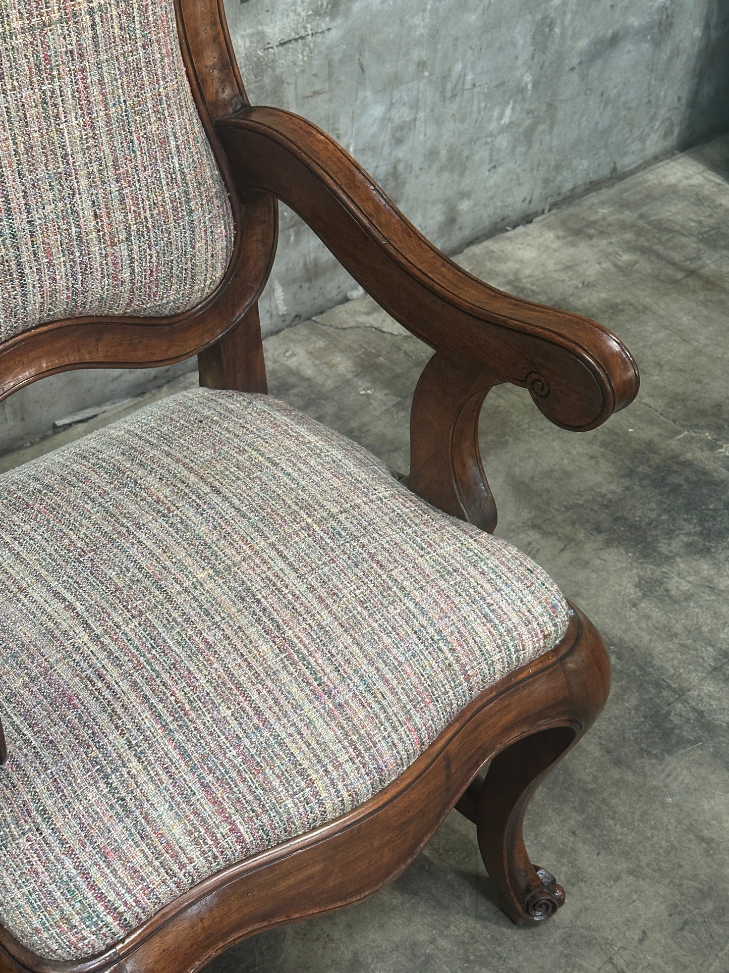 Pair Antique Oversized French Louis Philippe / Napoleon III Walnut Salon Fauteuils, Cartouche-Back, 49 Inch H