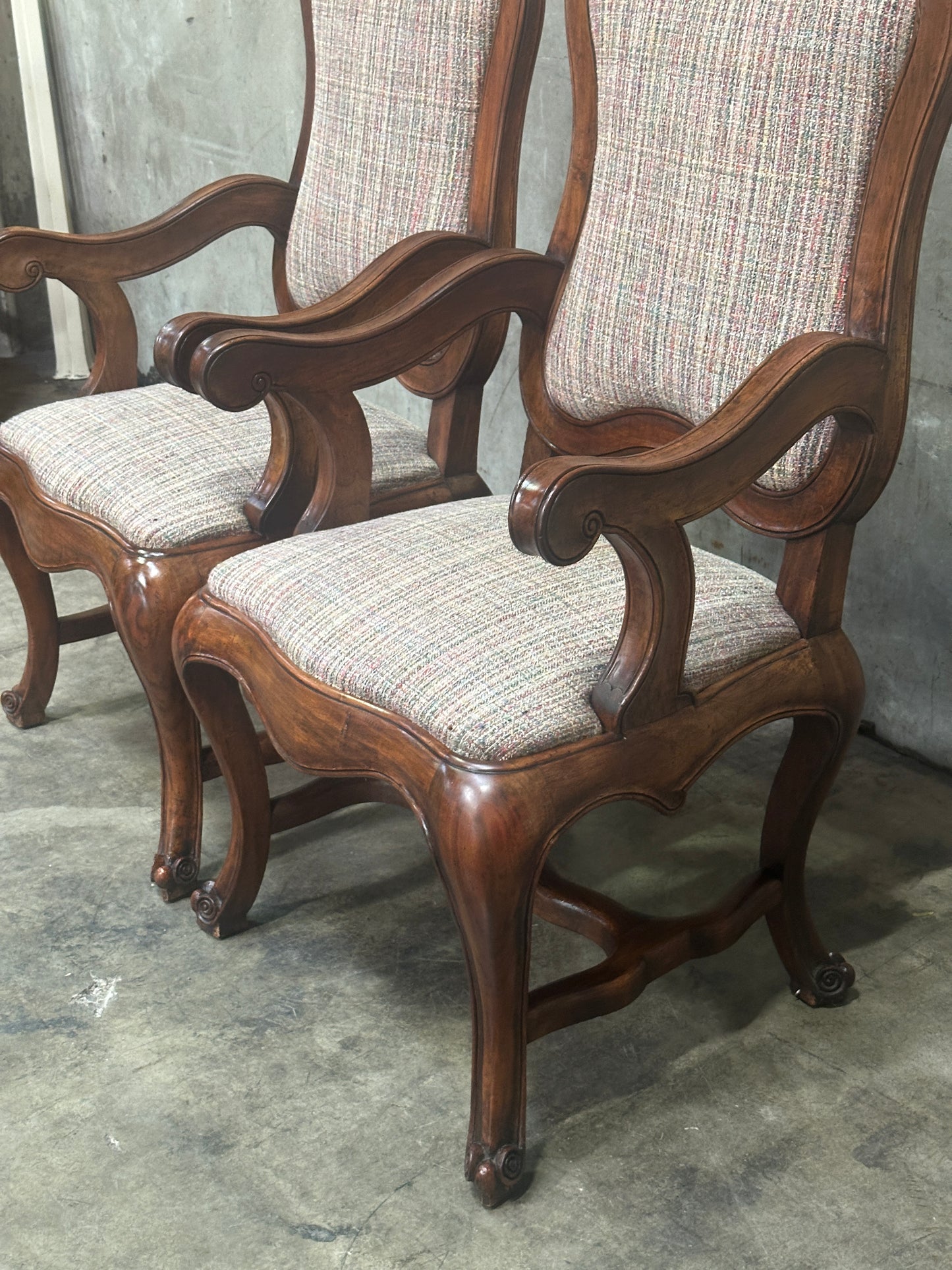 Pair Antique Oversized French Louis Philippe / Napoleon III Walnut Salon Fauteuils, Cartouche-Back, 49 Inch H
