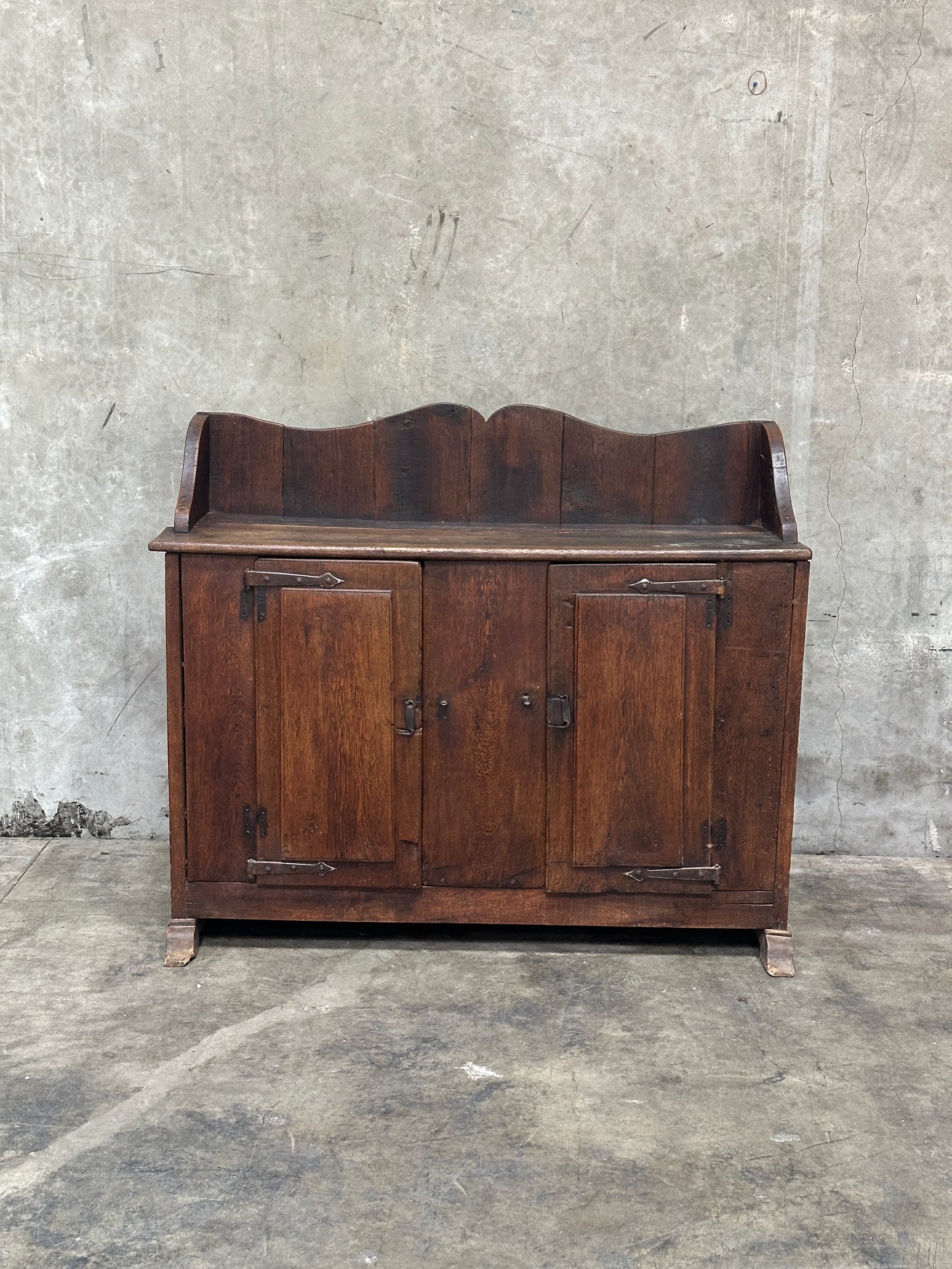 Antique Primitive Hardwood Cupboard, Scalloped Gallery, Hand-Forged Iron