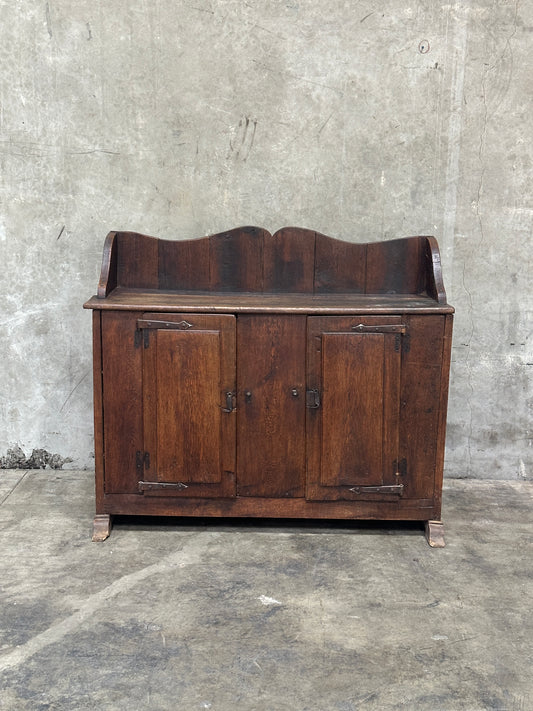 Antique Primitive Hardwood Cupboard, Scalloped Gallery, Hand-Forged Iron