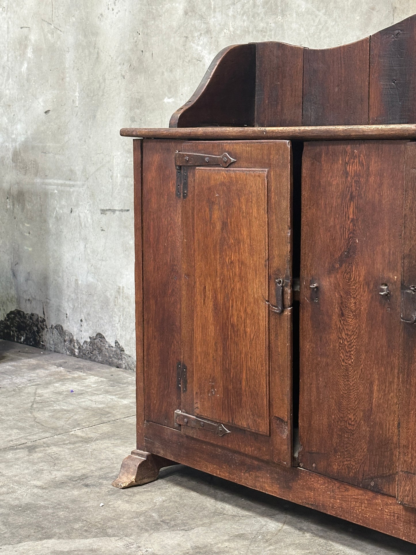 Antique Primitive Hardwood Cupboard, Scalloped Gallery, Hand-Forged Iron