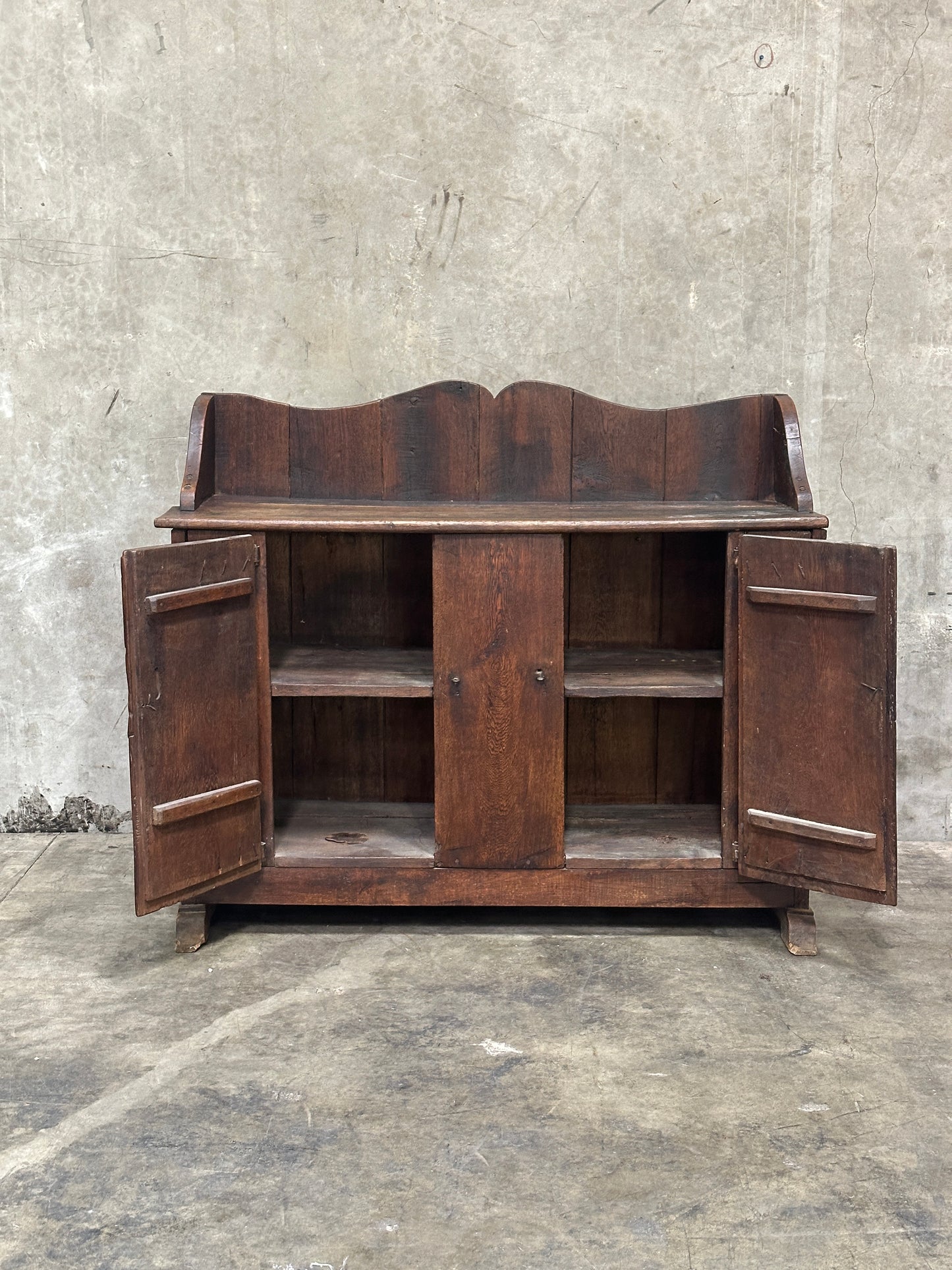 Antique Primitive Hardwood Cupboard, Scalloped Gallery, Hand-Forged Iron