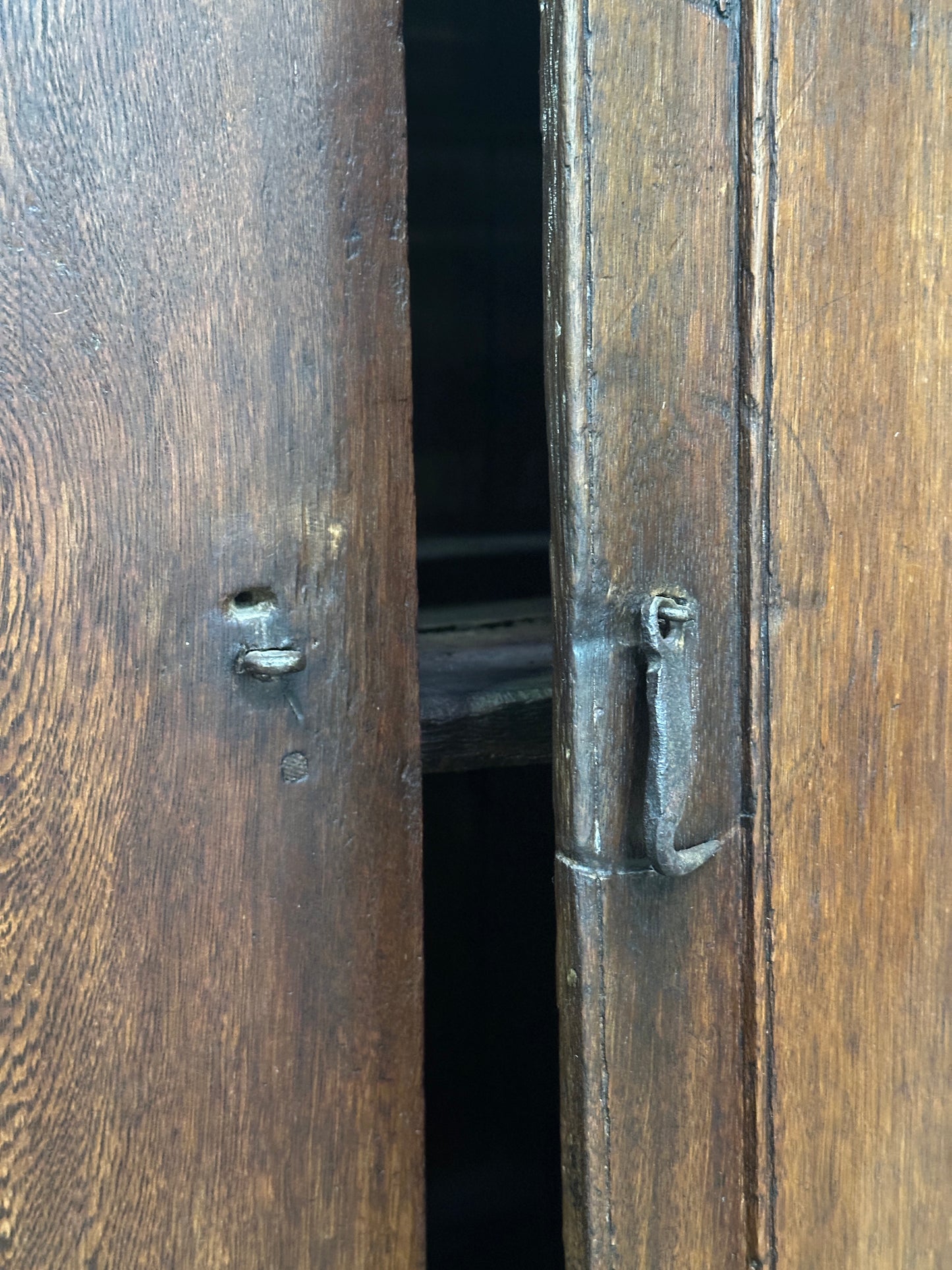 Antique Primitive Hardwood Cupboard, Scalloped Gallery, Hand-Forged Iron