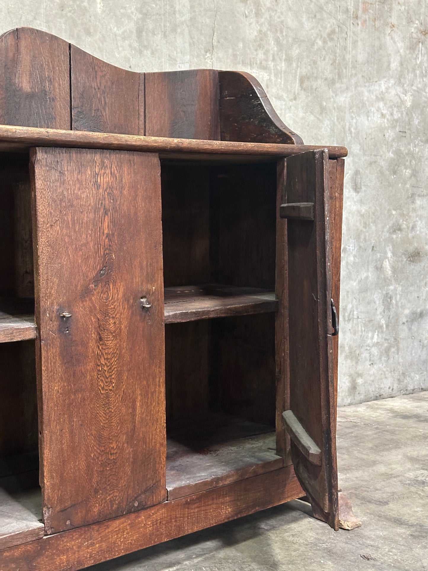 Antique Primitive Hardwood Cupboard, Scalloped Gallery, Hand-Forged Iron