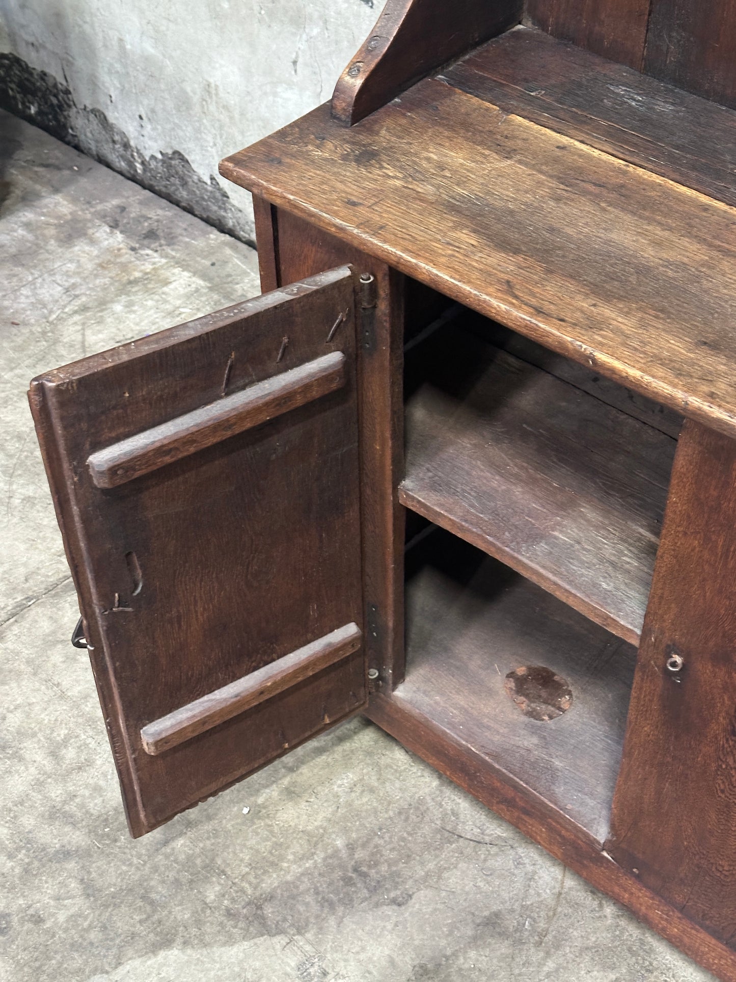 Antique Primitive Hardwood Cupboard, Scalloped Gallery, Hand-Forged Iron