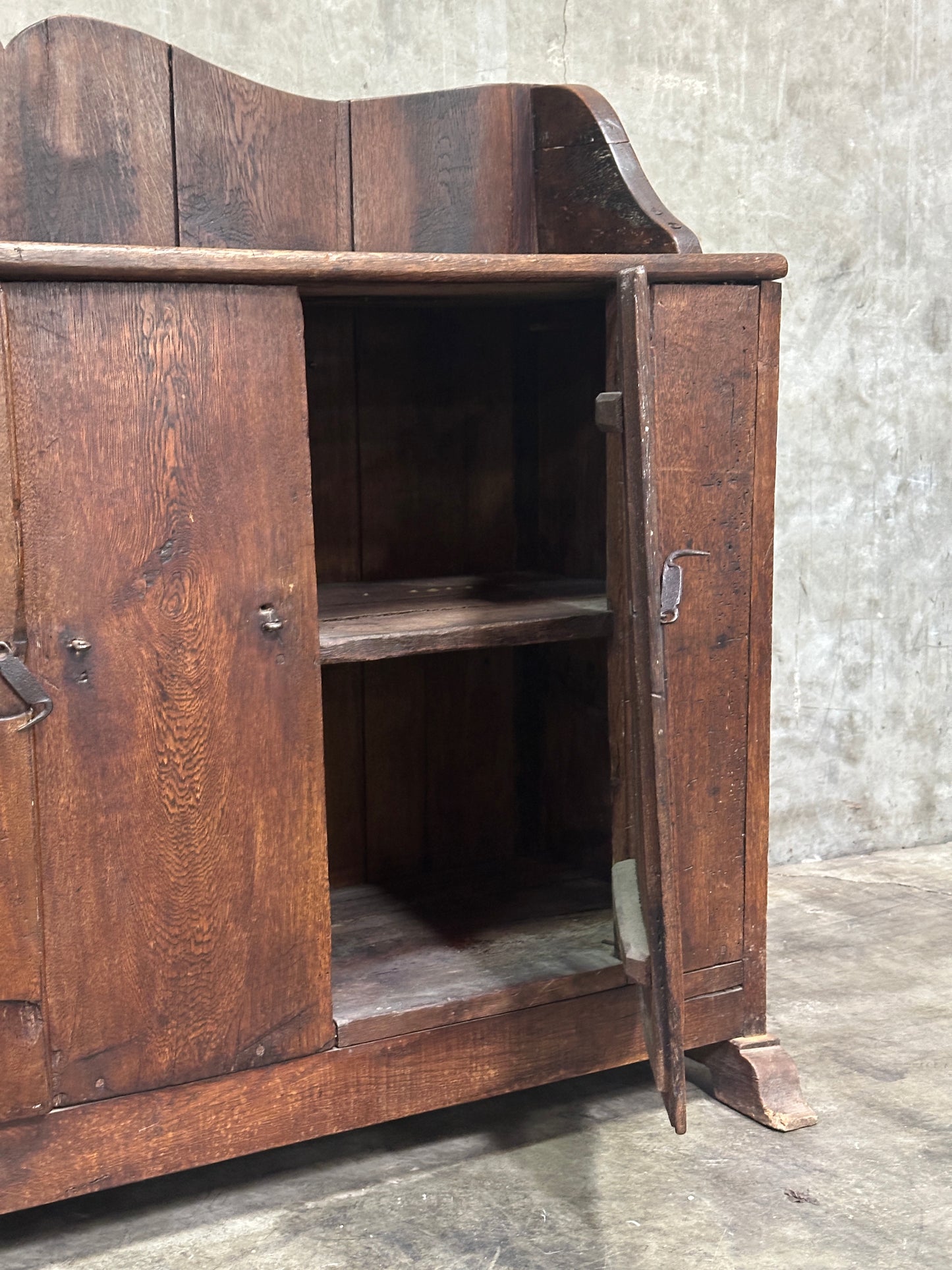 Antique Primitive Hardwood Cupboard, Scalloped Gallery, Hand-Forged Iron