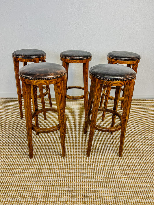 Set of Five Vintage French Barstools with Updated Leather Upholstery and Nailhead Trim