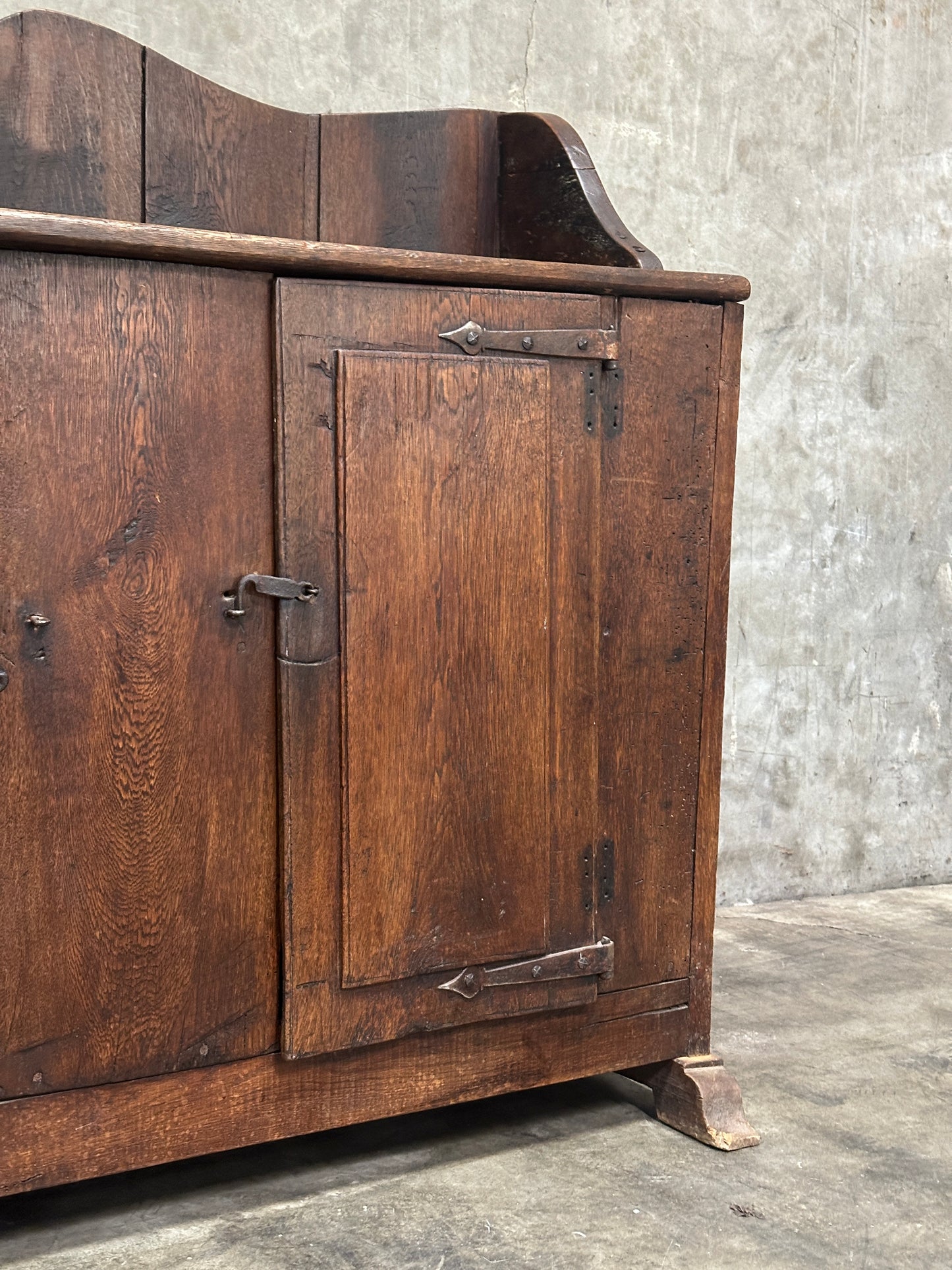 Antique Primitive Hardwood Cupboard, Scalloped Gallery, Hand-Forged Iron