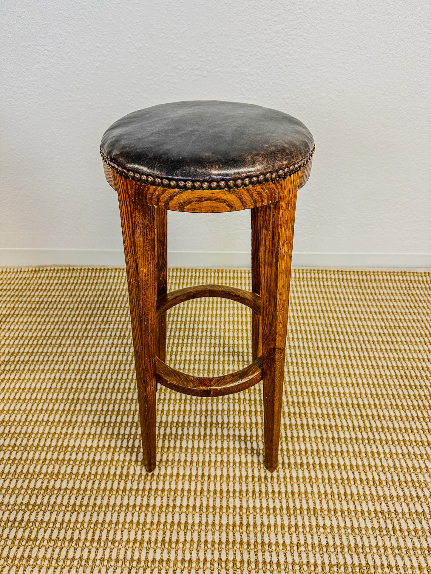 Set of Five Vintage French Barstools with Updated Leather Upholstery and Nailhead Trim