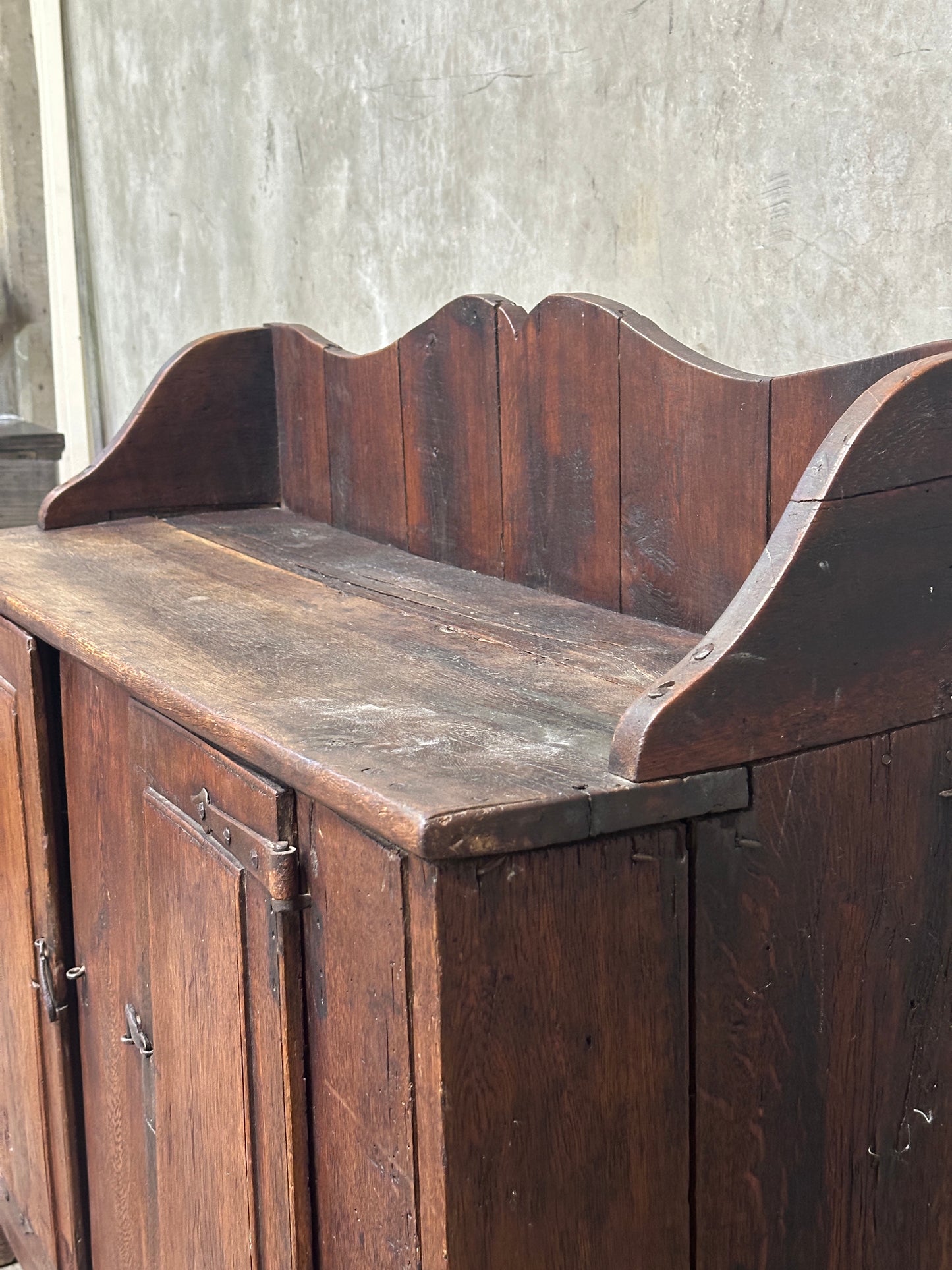 Antique Primitive Hardwood Cupboard, Scalloped Gallery, Hand-Forged Iron