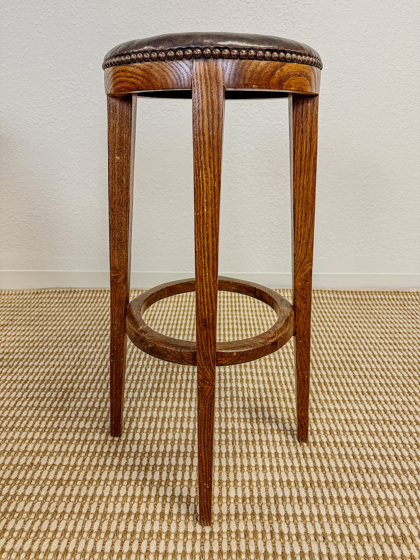 Set of Five Vintage French Barstools with Updated Leather Upholstery and Nailhead Trim